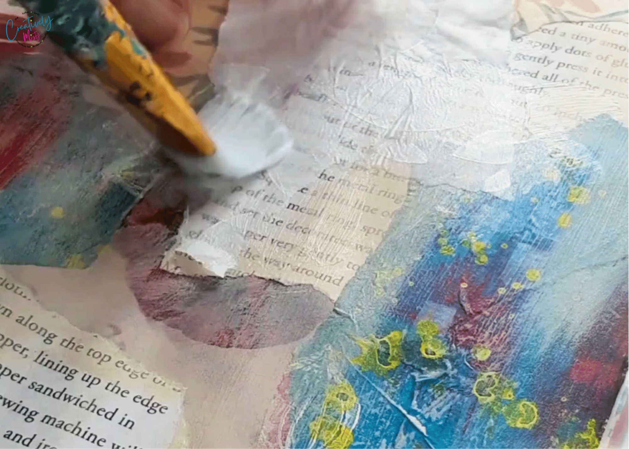 Misty-of-Creatively-Misty-gluing-tissue-paper-into-mixed-media