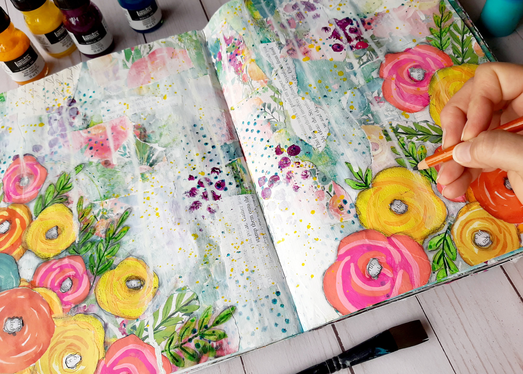 Misty-creating-an-art-journal-page-full-of- flowers-and-bright-color