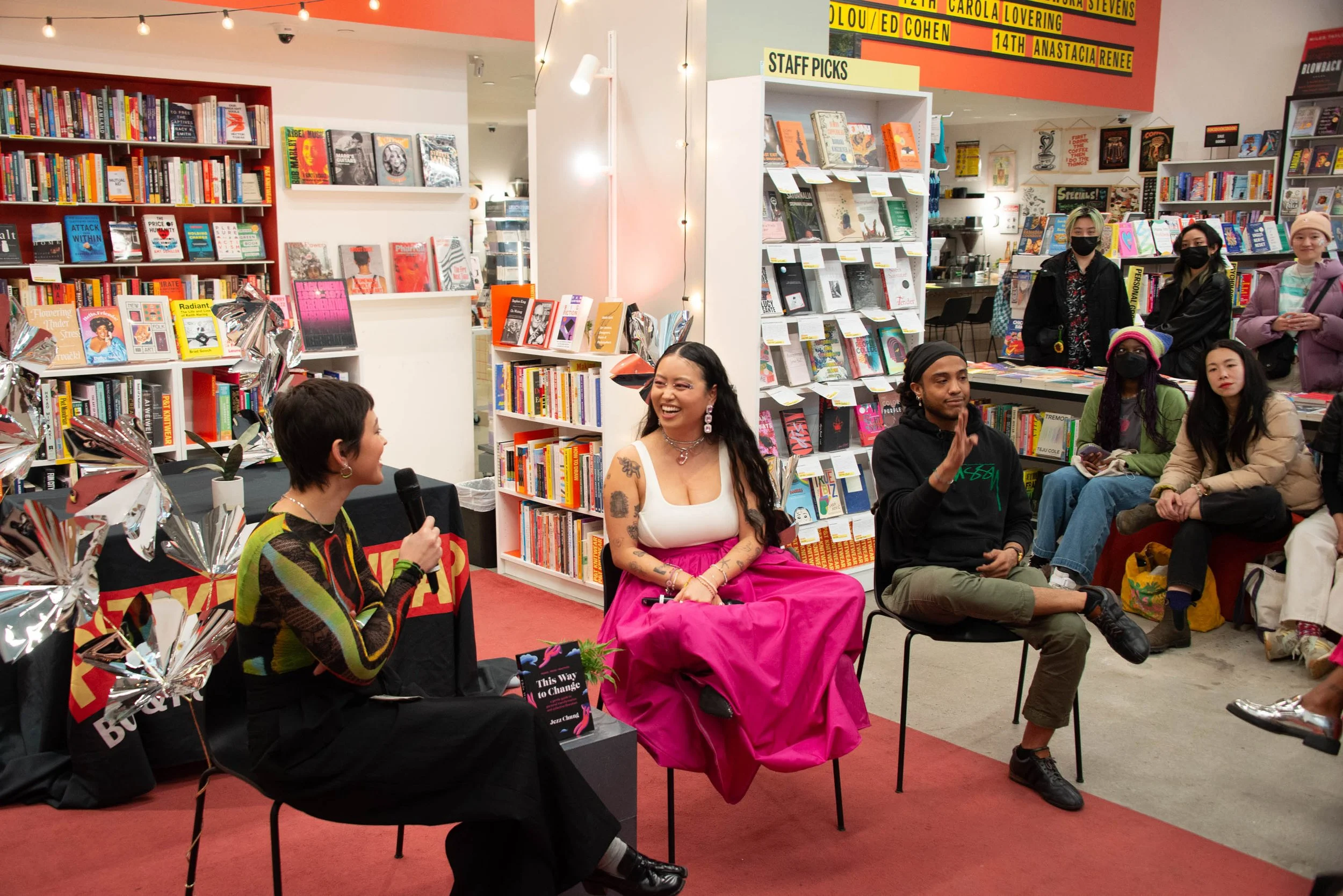 Sarah Burke in conversation with Jezz Chung at P&T Knitwear for the New York City book release of This Way to Change. Photo by Marion Aguas.