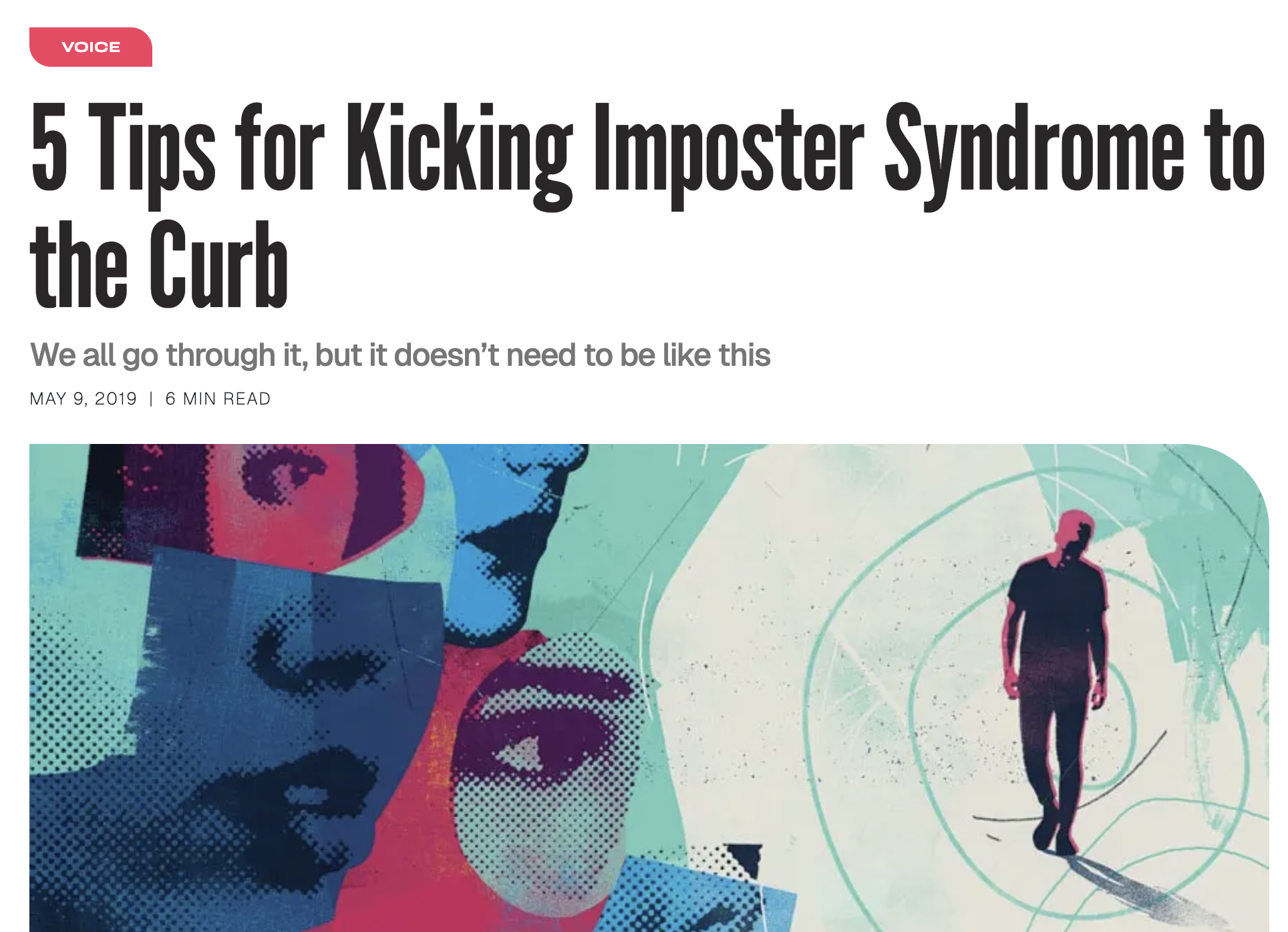 cover art for an article titled "5 tips for kicking imposter syndrome to the curb" in Adweek; a collage of different parts of the face next to a person illustrated over a green spiral
