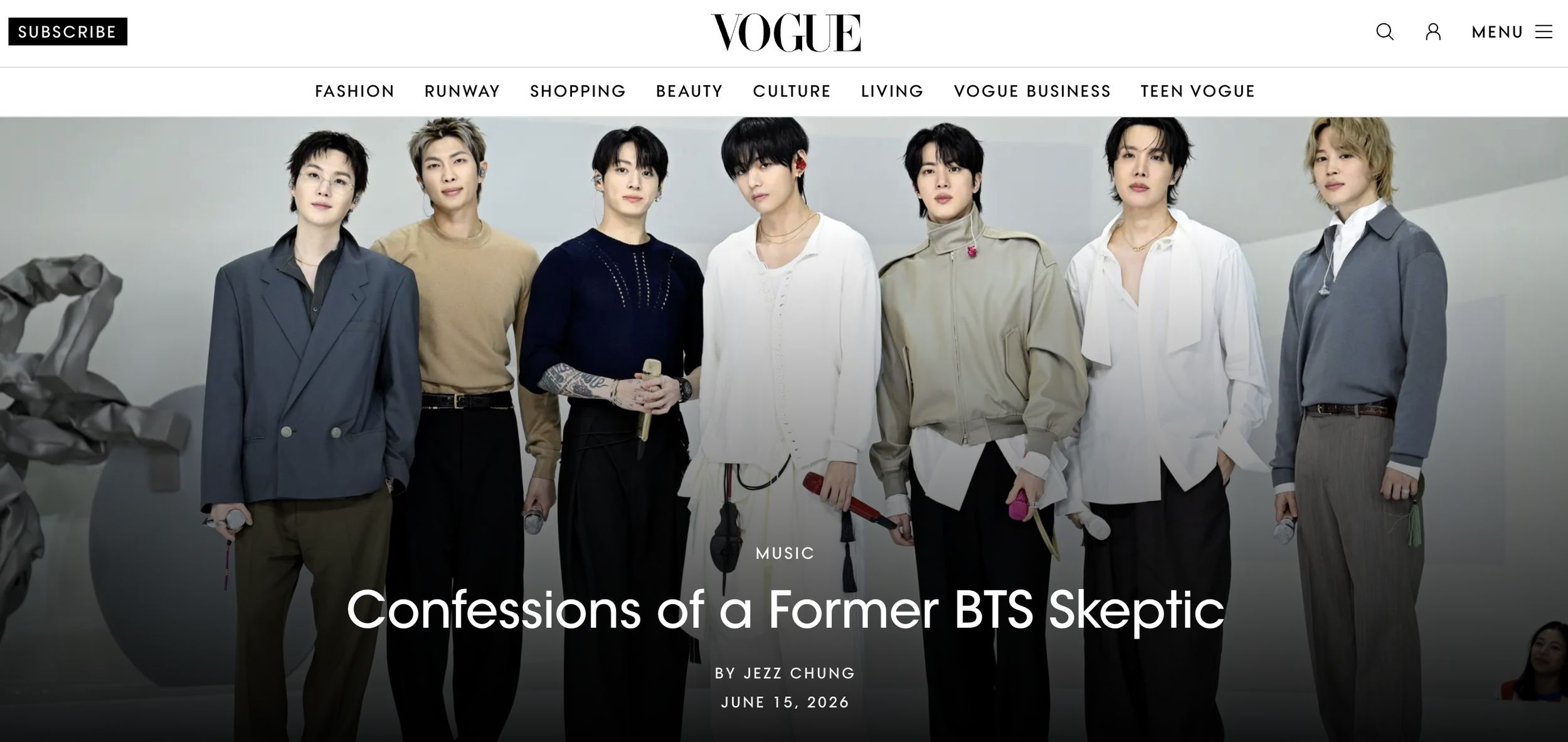 An article in Vogue titled "Confessions of a Former BTS Skeptic" paired with a photo of the seven members of BTS at a performance at Guggenheim in promotion of their Arirang album release and world tour kickoff