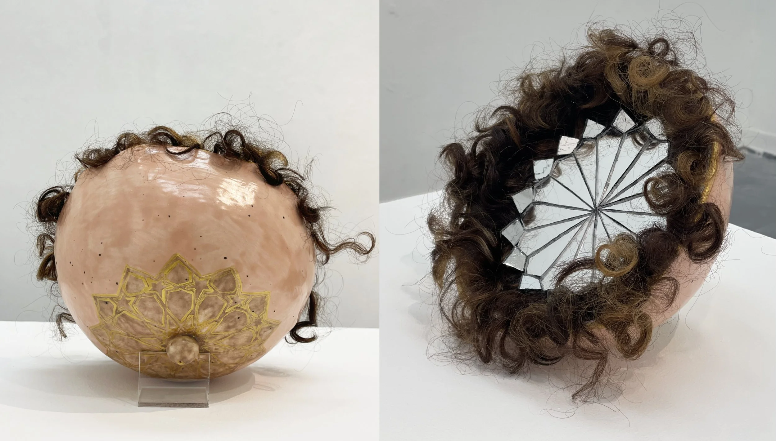 Untitled,  (2025) Mixed media sculpture , ceramic, human hair, mirror 

This biomorphic dome sculpture merges bodily and architectural references. Its exterior resembles a skin-toned, breast-like hemisphere, adorned with gold geometric motifs inspire