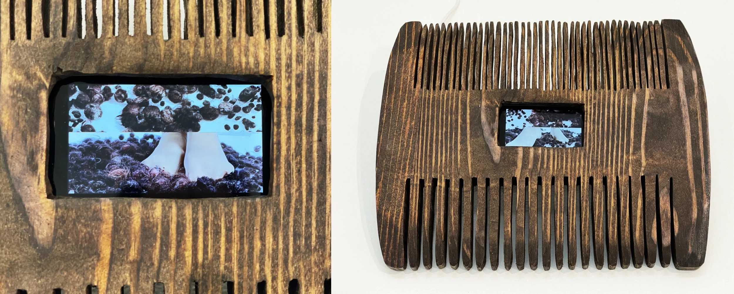 Untitled,  (2025) ,Sculpture & Video 

This work features an oversized wooden comb with a small screen embedded at its center. The video shows bare feet moving through clusters of collected hair, the exaggerated foot movements dancing to the popular 