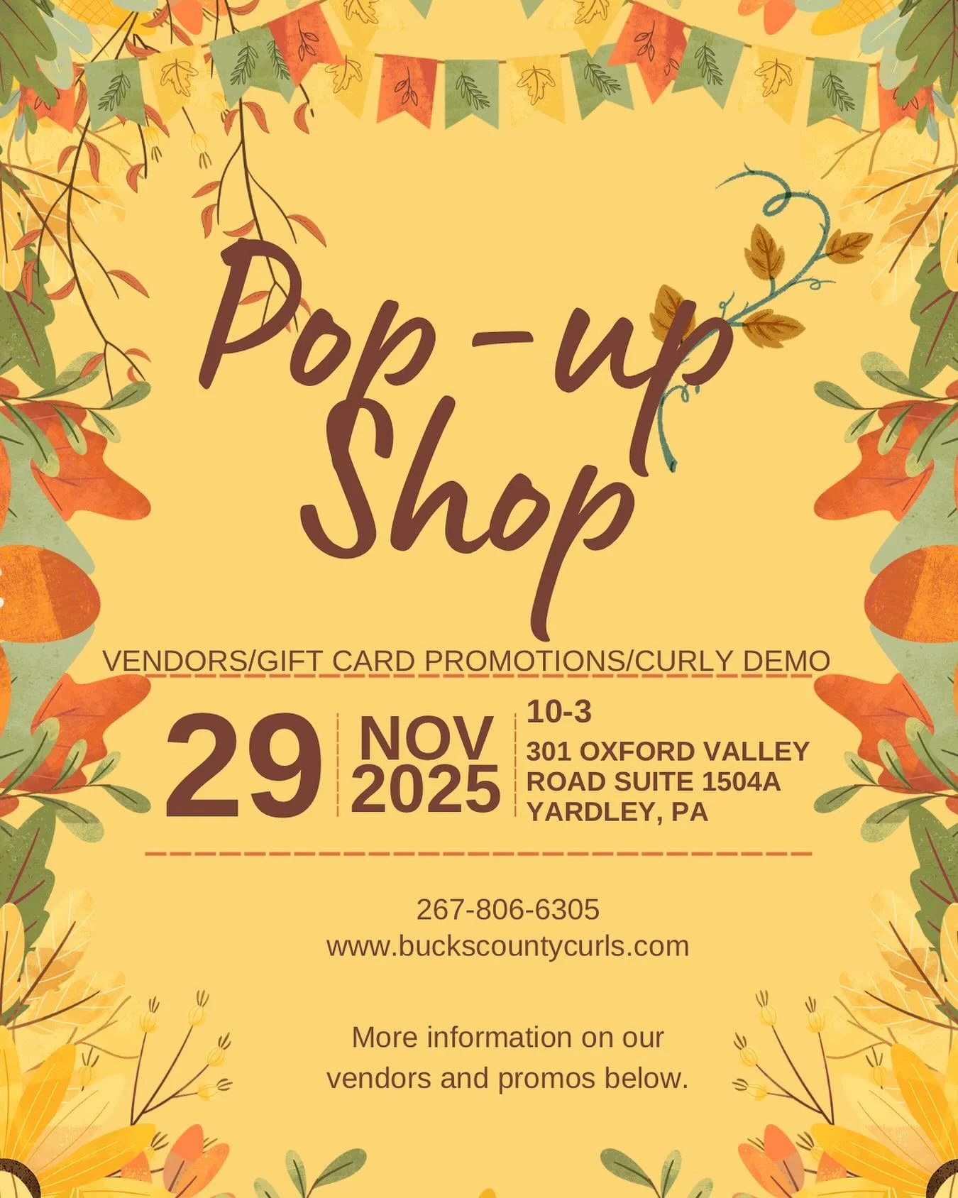 Join us on small business Saturday (November 29) for our small pop up event.  Light refreshments, snacks, curly styling demo, giveaway and more.  We are really excited to be hosting this small pop up shop and we hope you can stop by and help support 