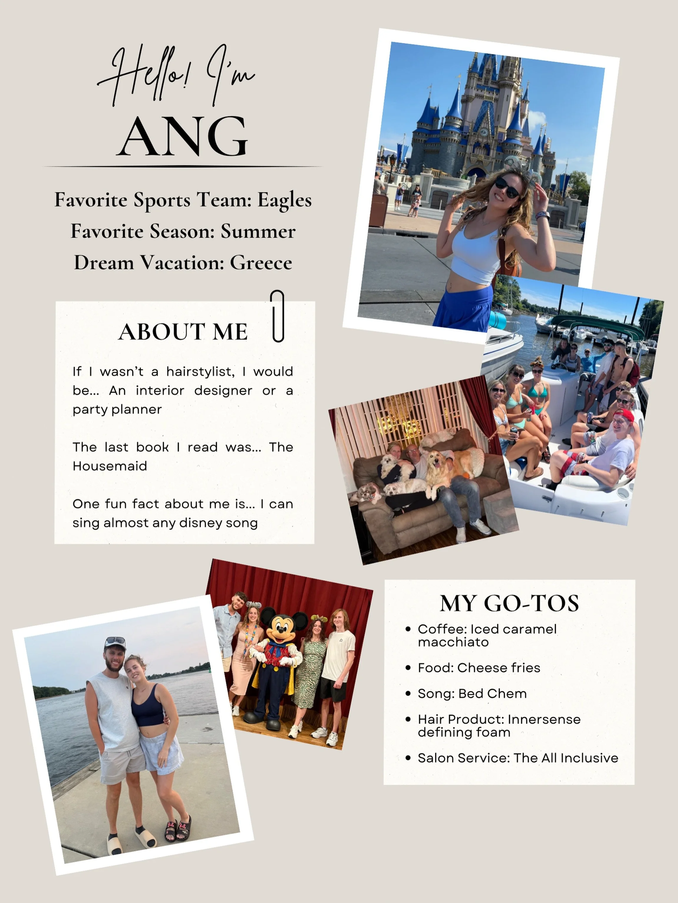 And that&rsquo;s a wrap on our Meet the Team series! 🤍✨

Ending it with a little more about the girl behind the chair &mdash; Ang! From Disney and summer days to iced caramel macchiatos and all things hair, here&rsquo;s a peek into what makes Ang, A