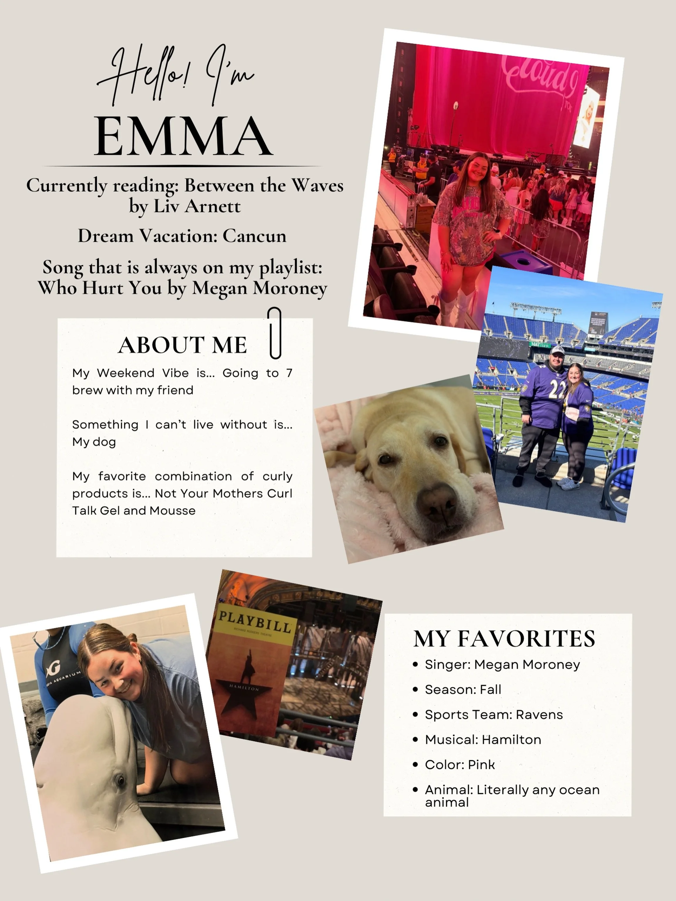 Meet Emma! ✨🤍
From her love of 7 Brew to Megan Moroney, fall, Hamilton, and her pup, here&rsquo;s a little peek into the things Emma loves most! 🫶🏻