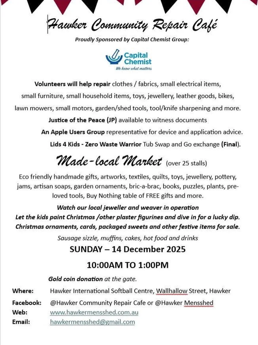 Do you have an item that needs fixing or a cherished possession that requires some care and attention? Look no further than the Hawker Community Repair Caf&eacute; and &ldquo;Made Local&rdquo; Markets! This is not just an event; it&rsquo;s a fantasti