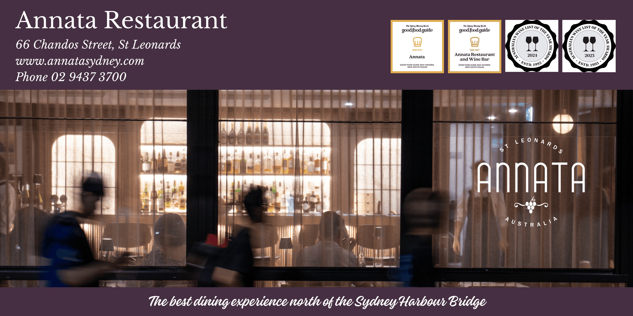 Exterior view of Annata Restaurant in St Leonards with warm interior lighting visible through the windows