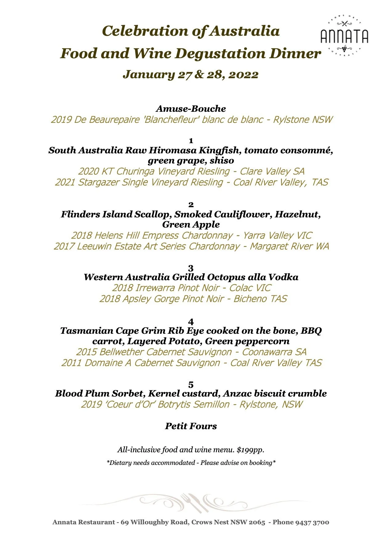 Degustation Celebration of Australian Food and Wine — Annata Restaurant