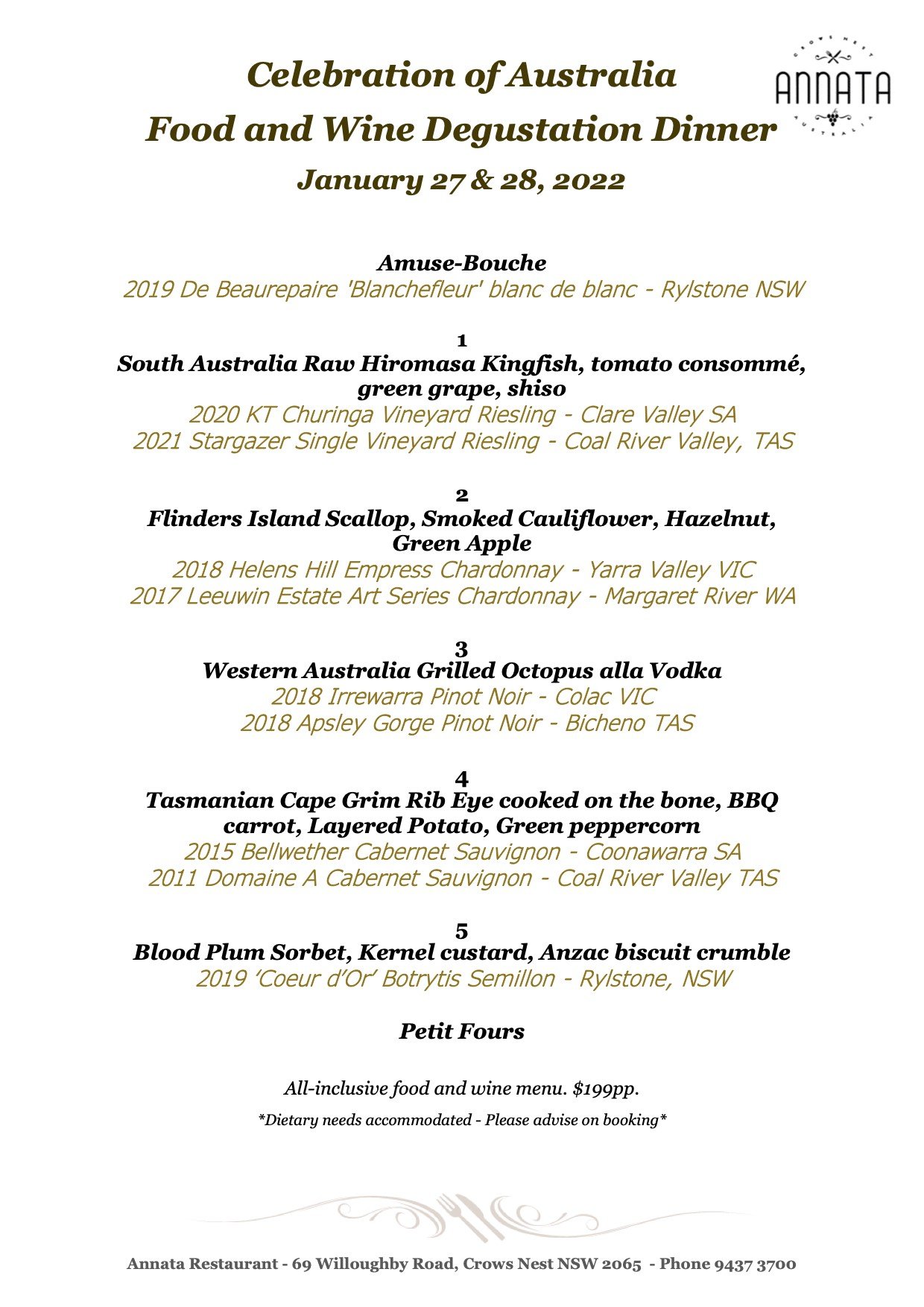 Degustation Celebration of Australian Food and Wine — Annata Restaurant