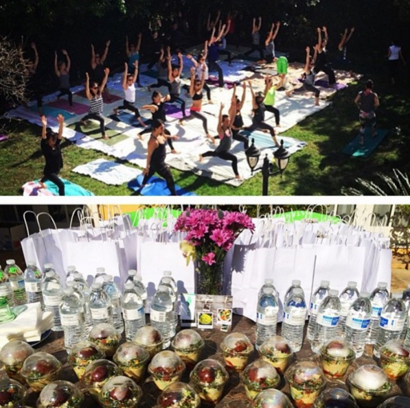 People doing yoga and Fala Bar catering 