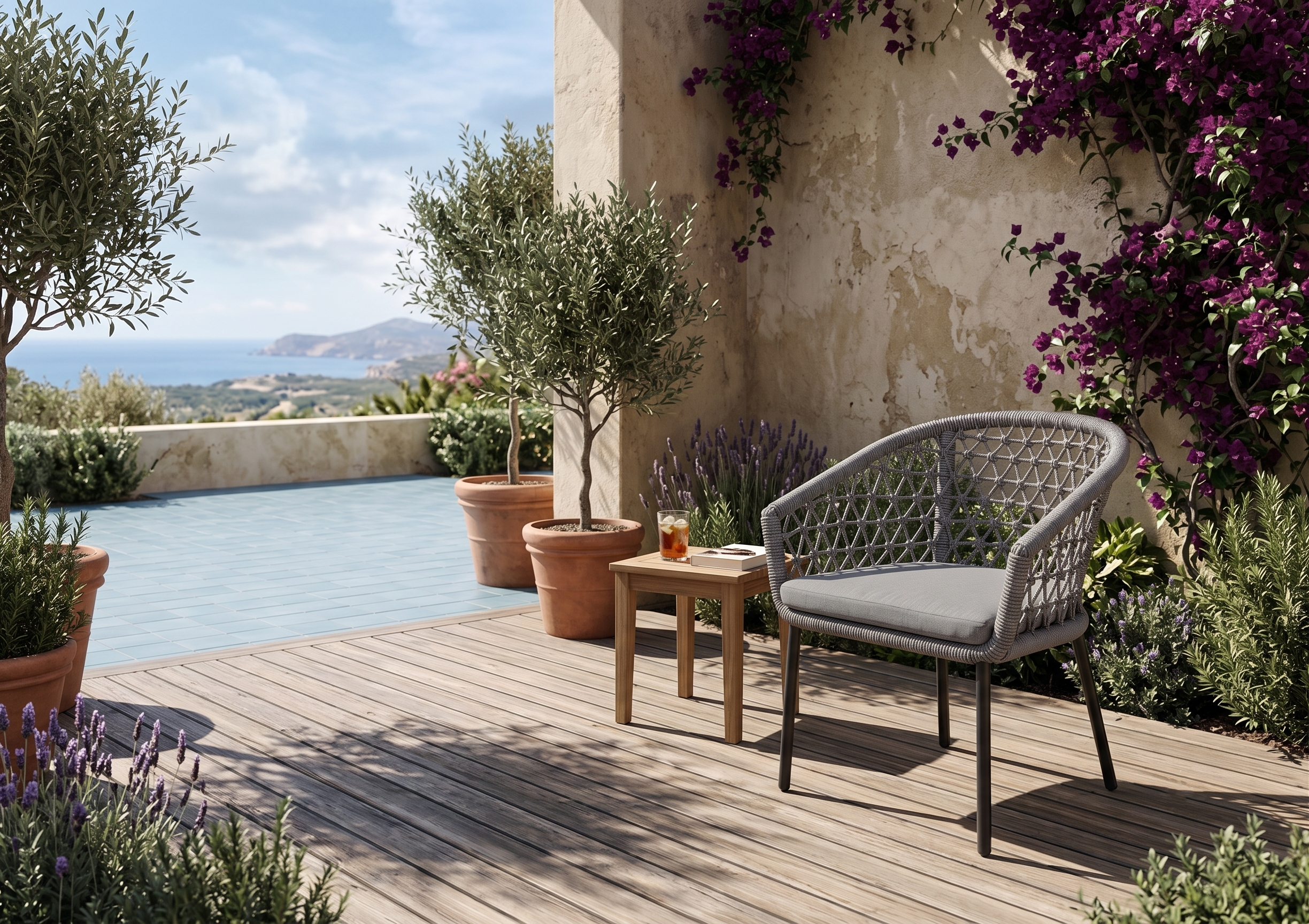 A terrace with potted olive trees, purple bougainvillea, AB Frank Collective's Miles Outdoor Armchair, a small wooden side table with a drink and phone, overlooking a view of the sea and distant hills.