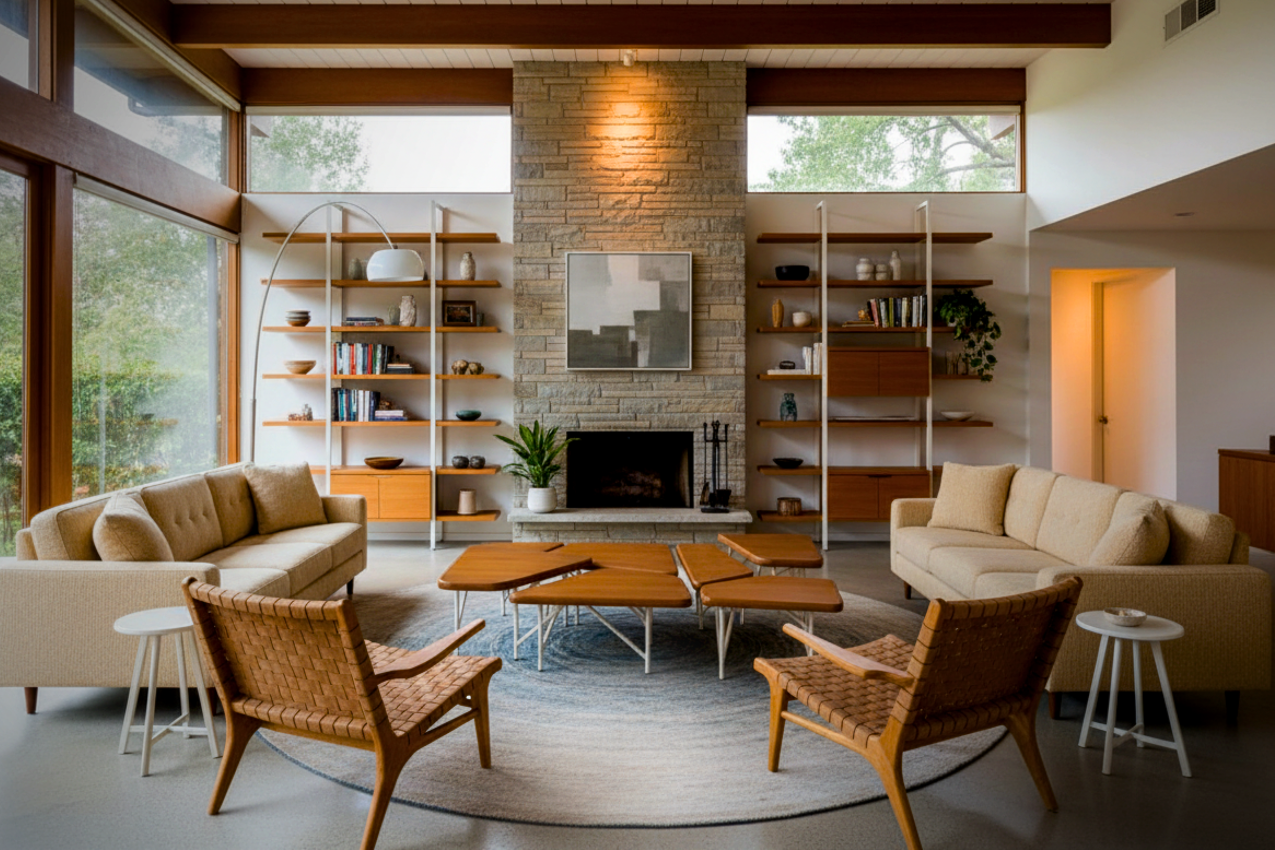Living room with two light gray sofas, AB Frank Collective's Kirk Coffee Table, a white vase with pampas grass, books under the table, a large patterned rug, and a window with curtains.