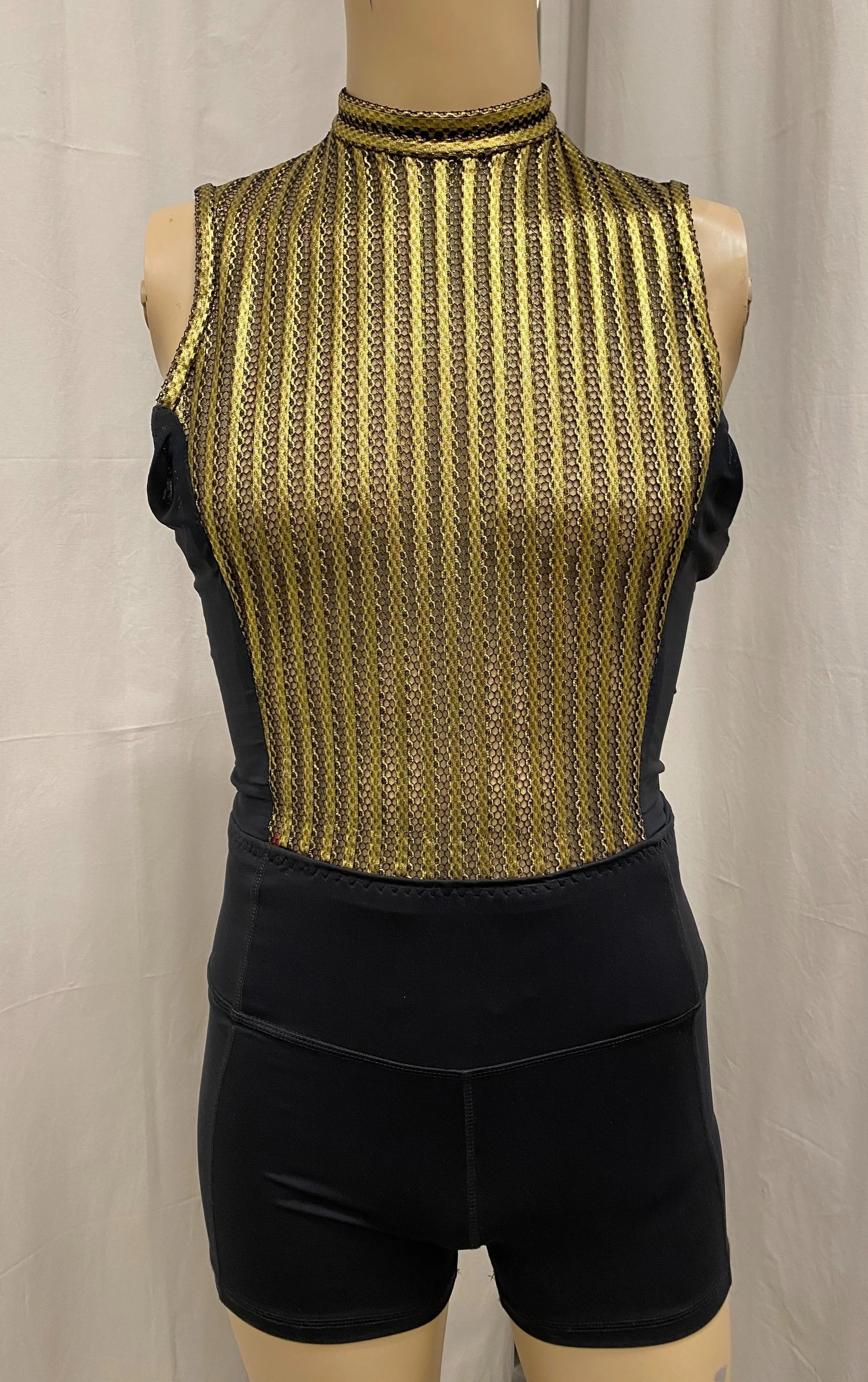 Final shirt with collar attached and black side panels. First version of the crotch strap became the side panels, and was replaced with shorts. 
