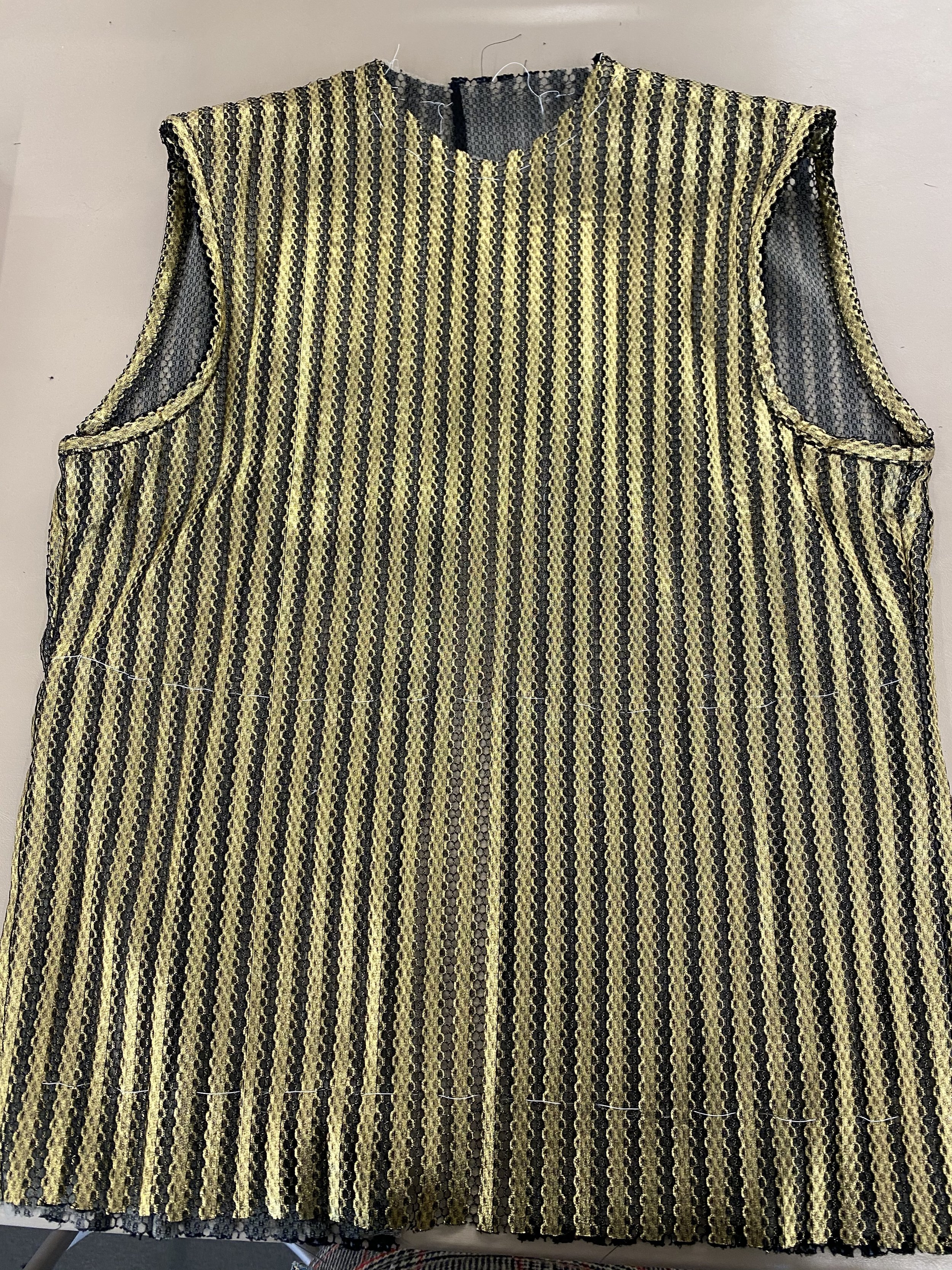 Mesh shirt for Dionysus, stitched together shoulder and side seams and did post-fitting alterations.