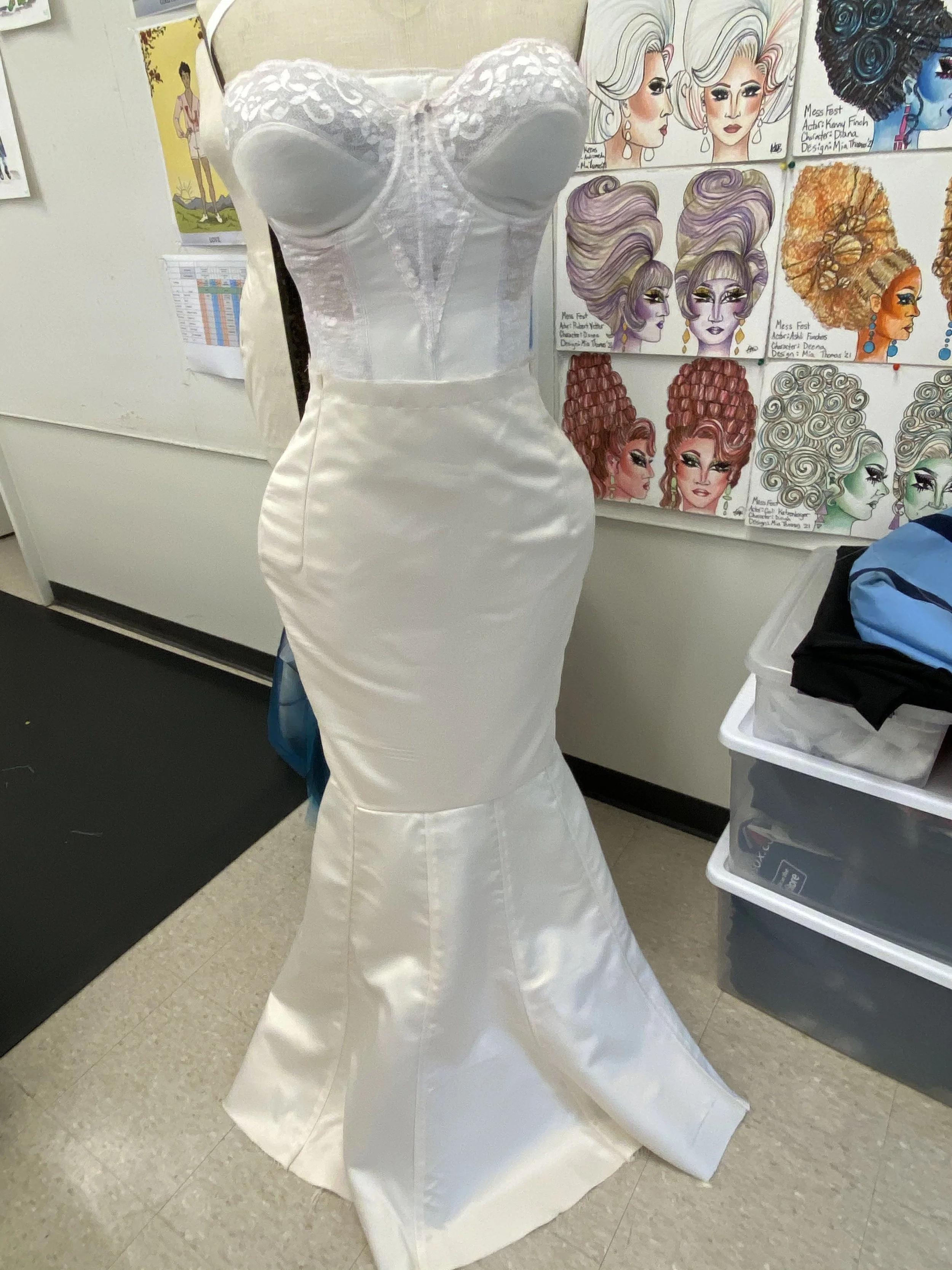Skirt and trumpet base in final fabric. Here you can see the padded bustier the dress was draped over and later attached to.