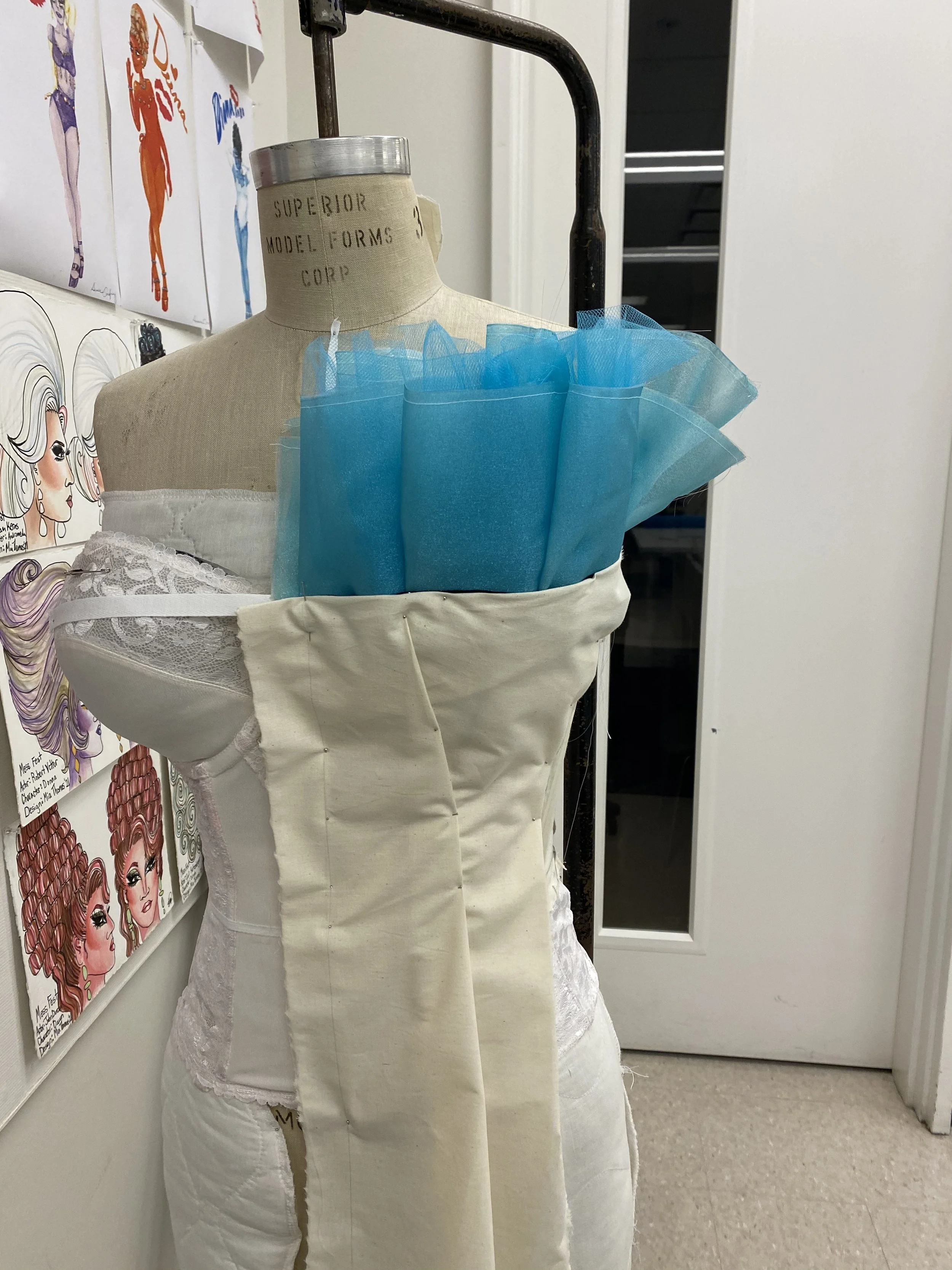 First mock of tulle and poly organza bust pleats