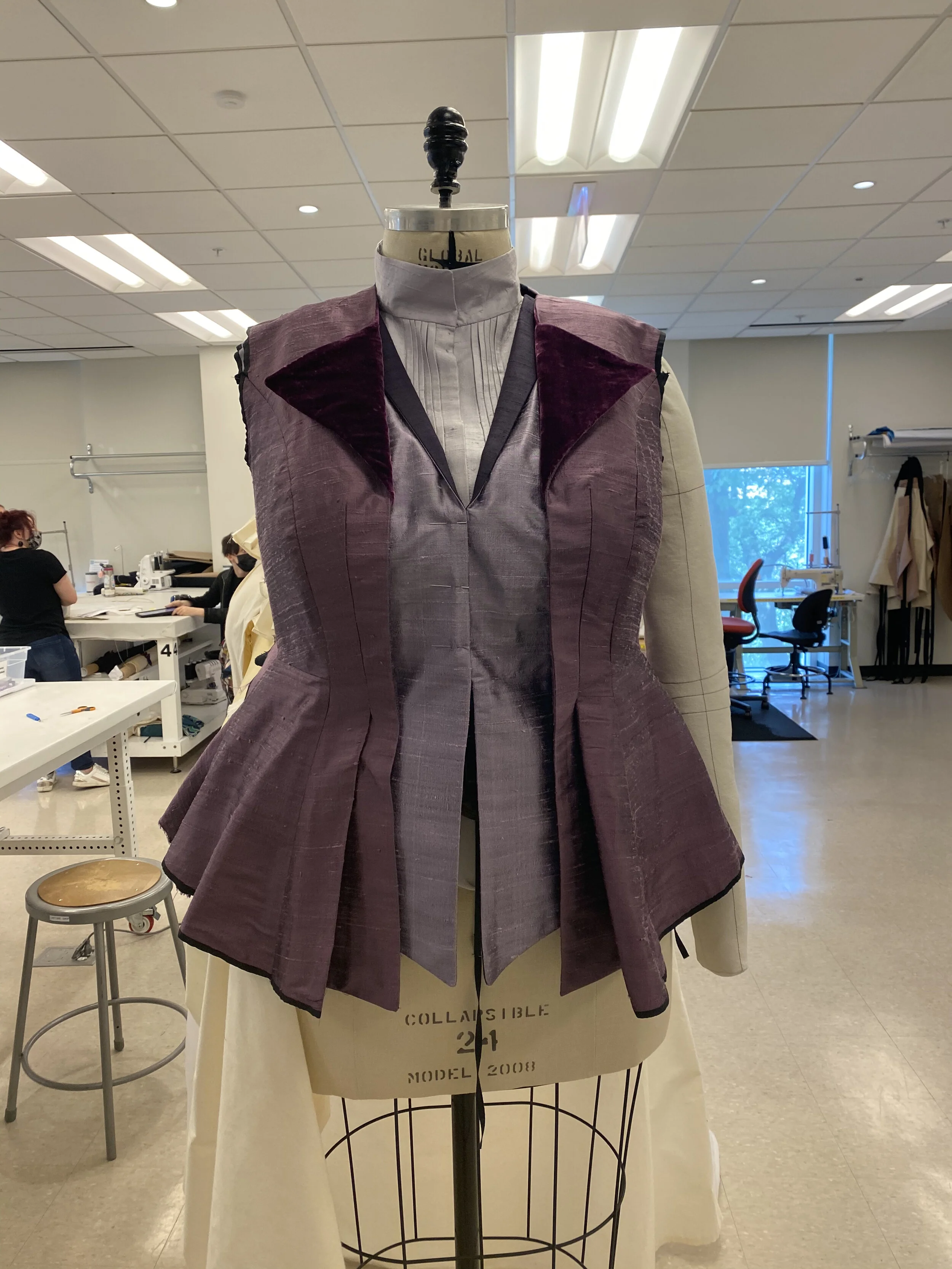 The jacket after seaming in the velvet lapels