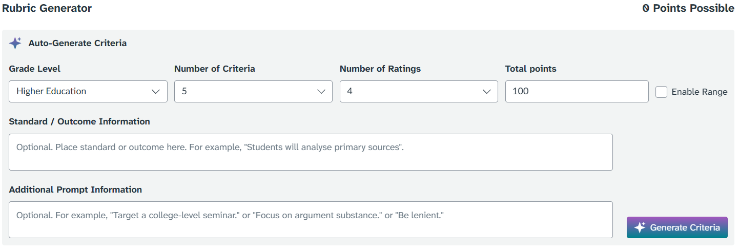 AI Rubric Generator Settings display