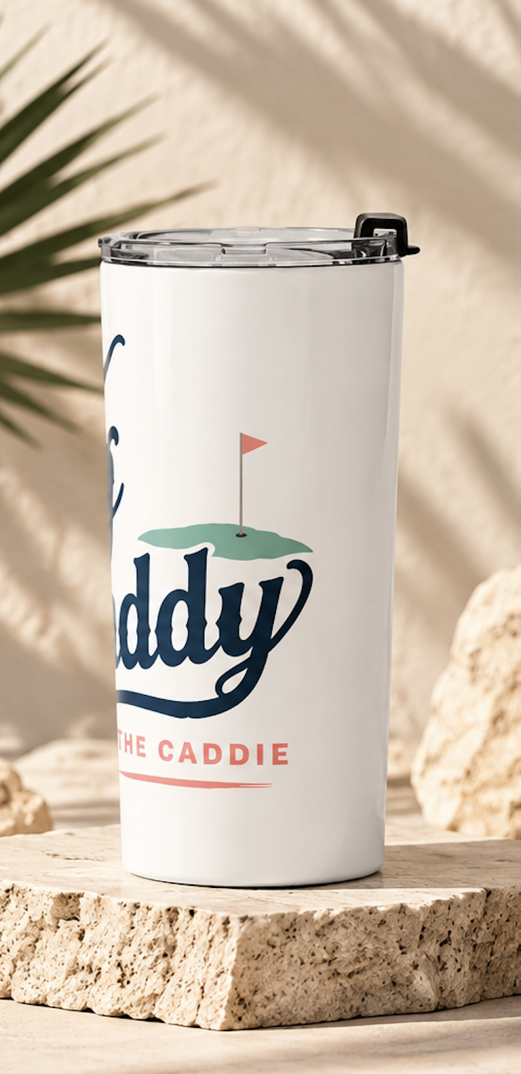 Big Daddy The Caddie Good Times Tumbler displayed in a Palm Springs-inspired golf resort setting with desert scenery and vintage leisure styling.