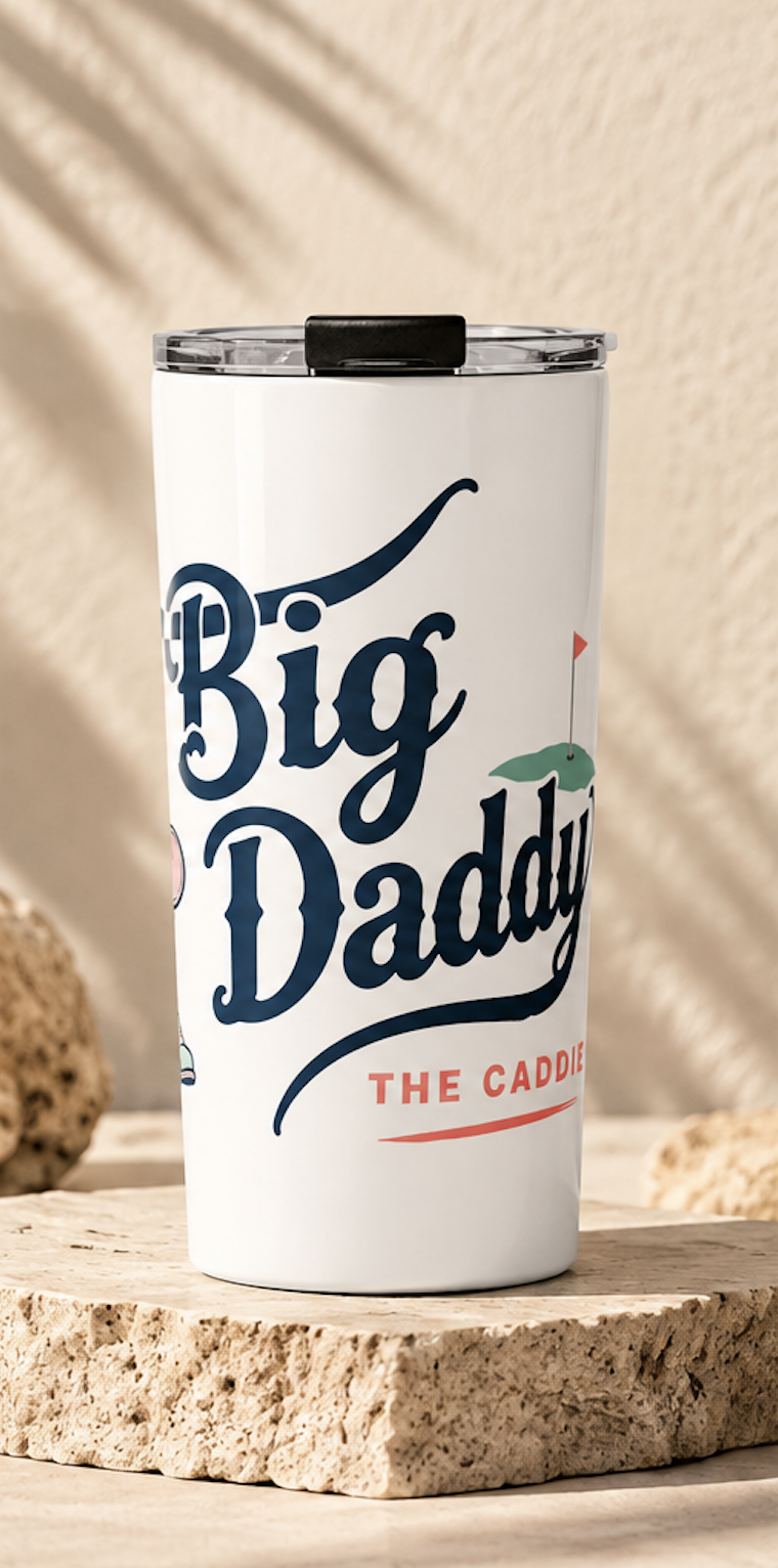 White 20 oz stainless steel travel tumbler with Big Daddy The Caddie branding, double-wall insulation, and a transparent press-in lid.