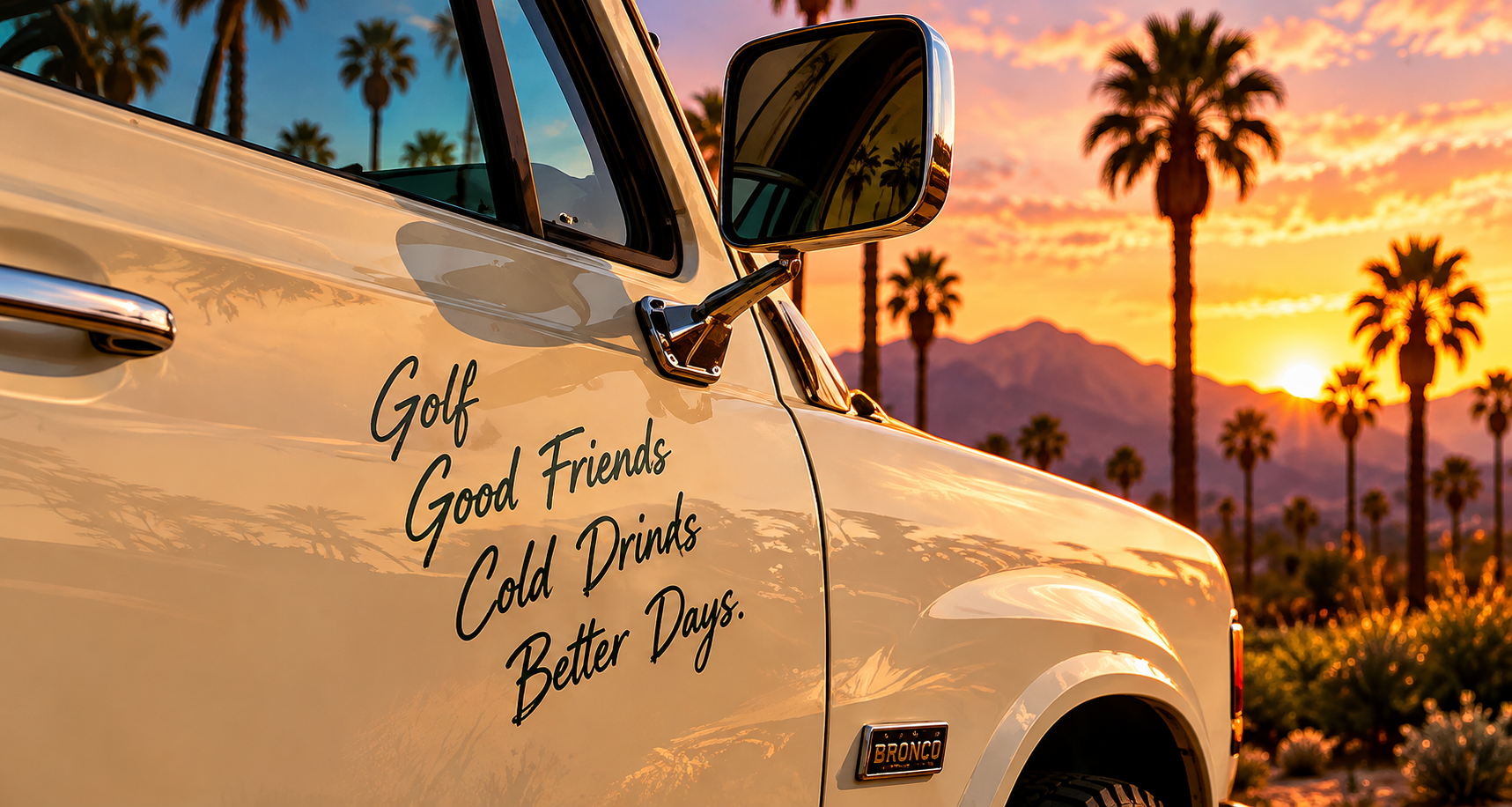 Close-up of a vintage white Ford Bronco SUV with writing on the door that says 'Golf, Good Friends, Cold Drinks, Better Days' during sunset in a desert landscape with palm trees and mountains.