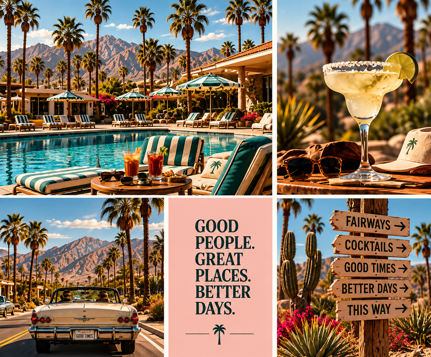 A collage of scenes from a desert resort with palm trees, mountains, and blue skies. The images include a swimming pool area with lounge chairs, umbrellas, and drinks; a close-up of a tropical cocktail and sunglasses; a vintage convertible car with two people driving; a directional signpost with signs for fairways, cocktails, good times, and better days; and a central text panel reading "Good people. Great places. Better days." with a palm tree icon.