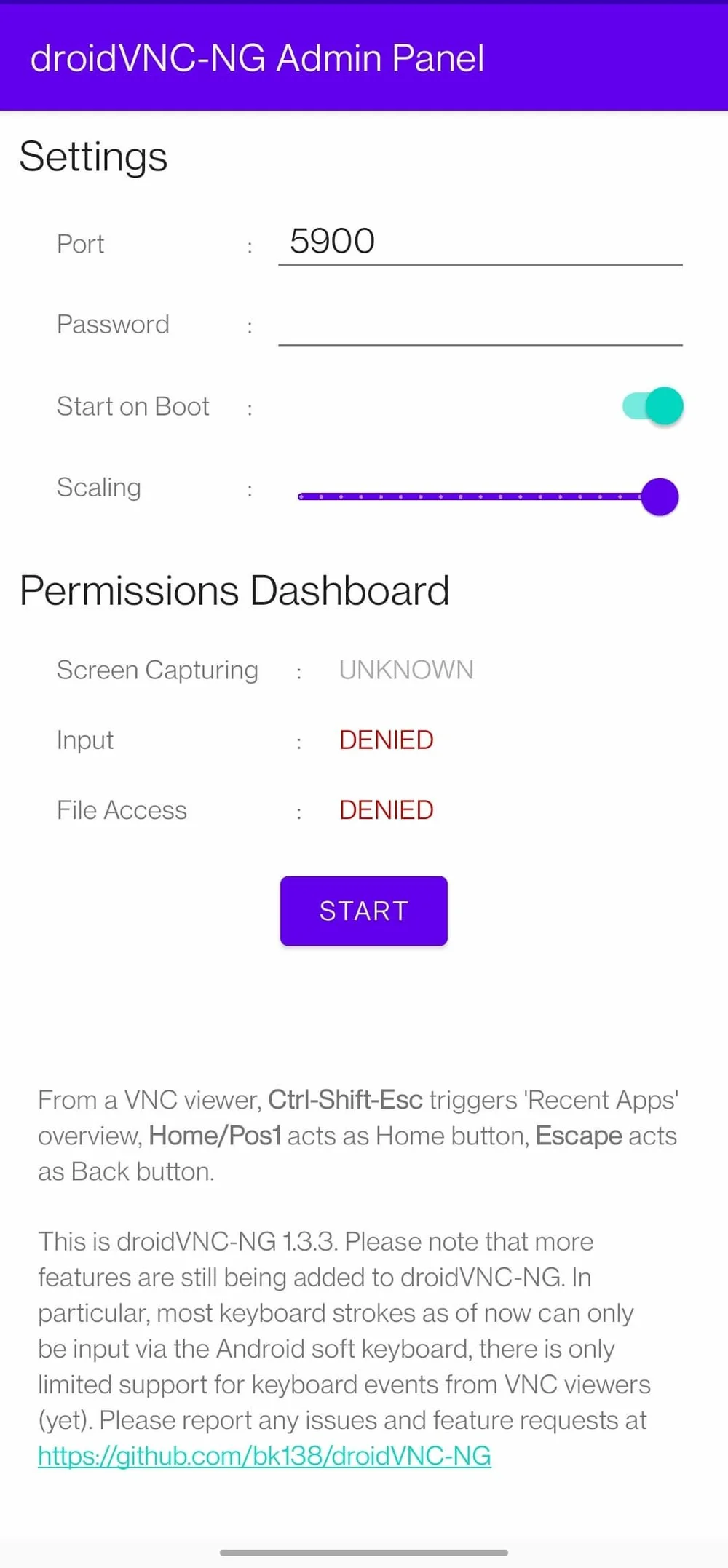 Finally able to launch the droidVNC-NG