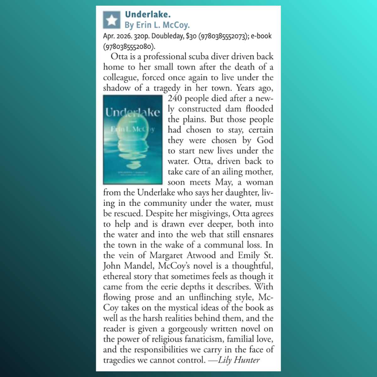 Erin L McCoy Underlake starred review Booklist