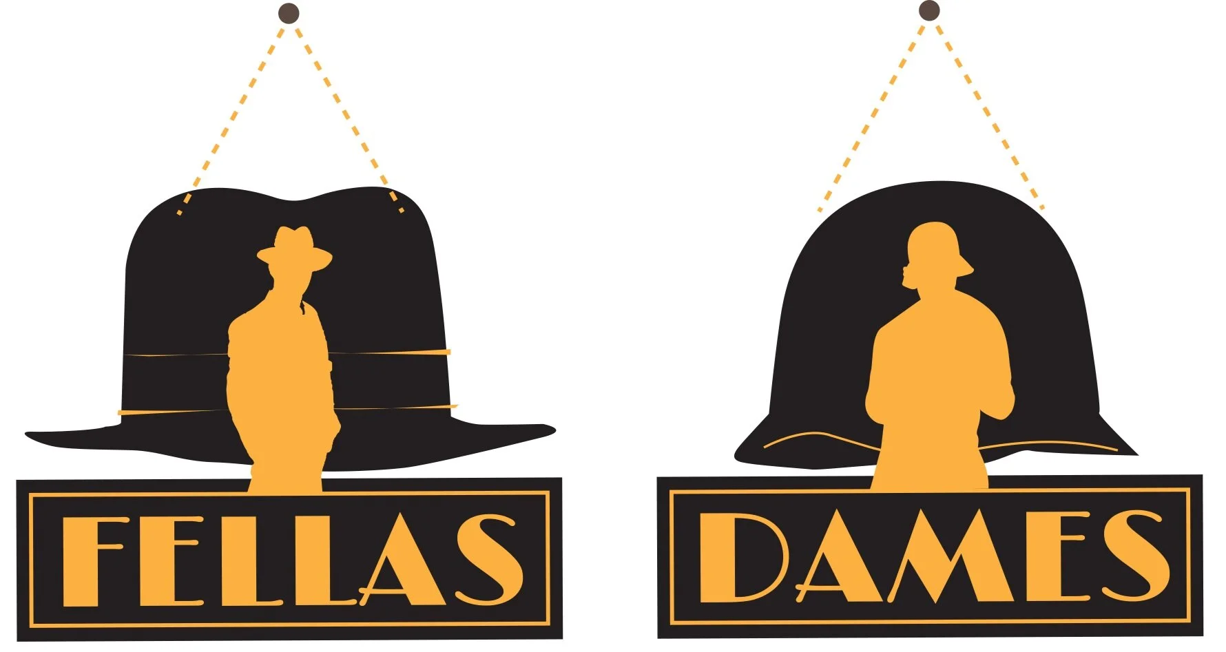 Custom bathroom signs were inspired by Bonnie and Clyde as well as the prohibition era. The final products where produced out of wood painted in black and gold. A copper chain added the final touch.