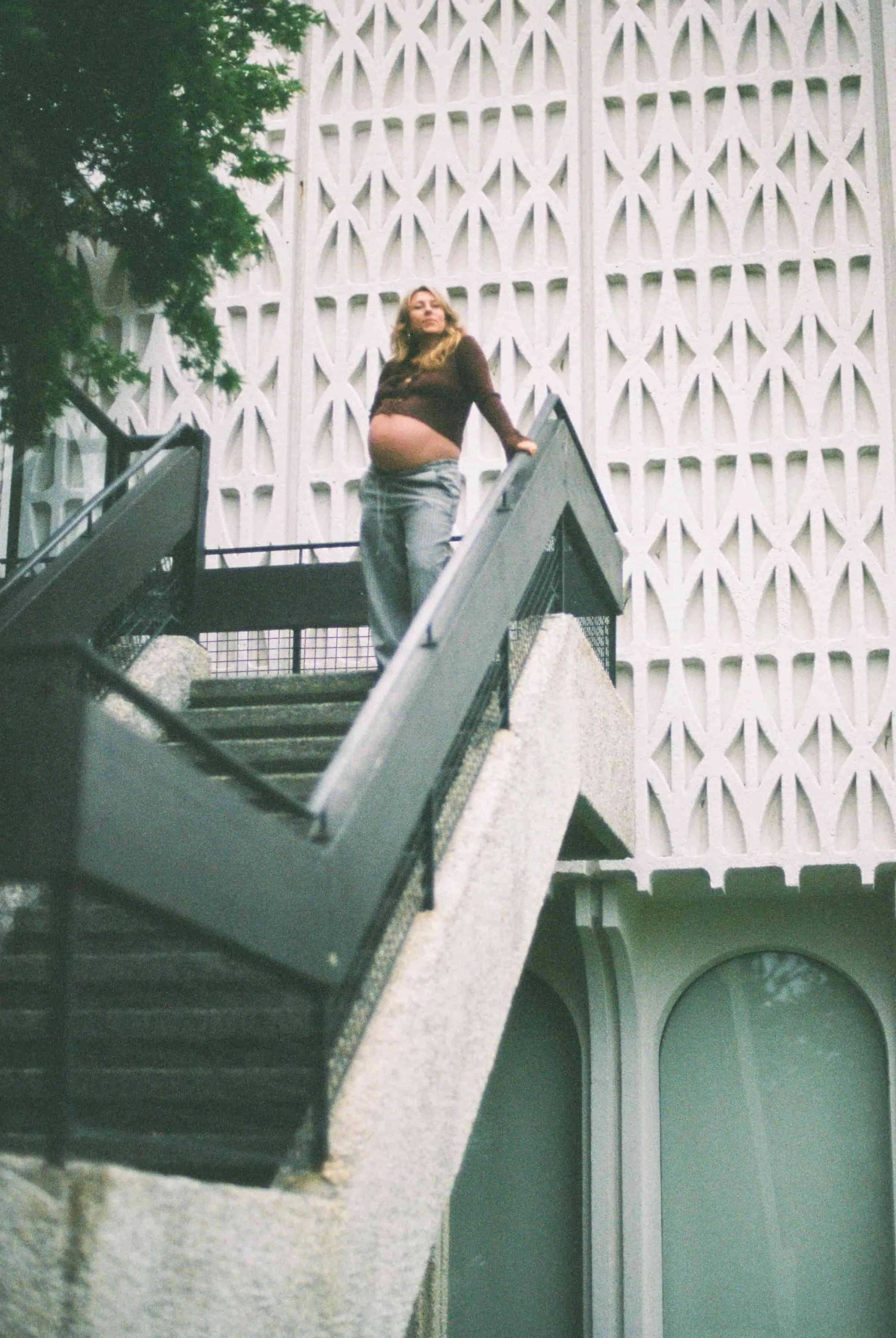 pregnancy photos, film, stairs, outdoors geometric, wistful, beauty