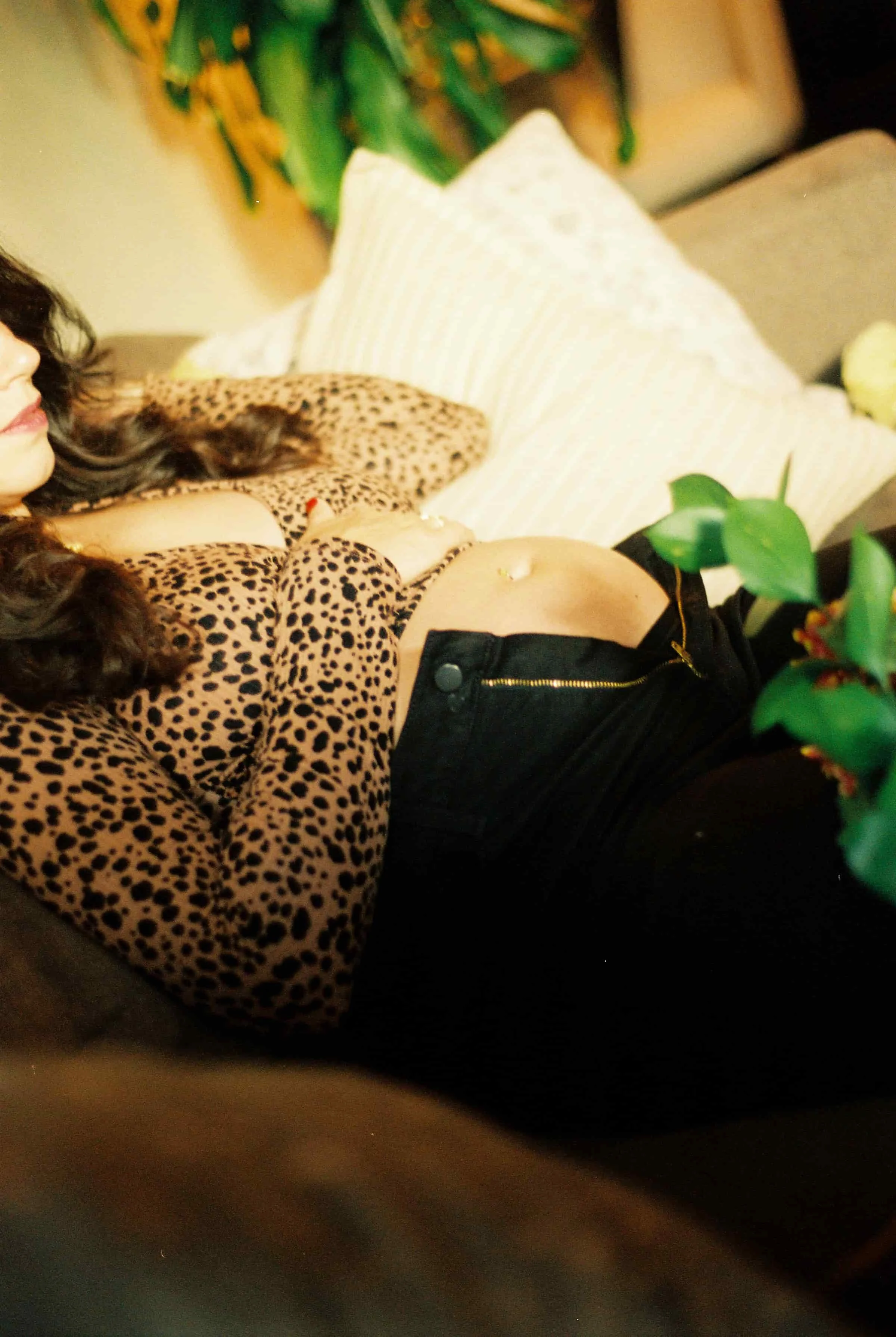 indoor maternity, newly pregnant baby belly, leopard print, IVF
