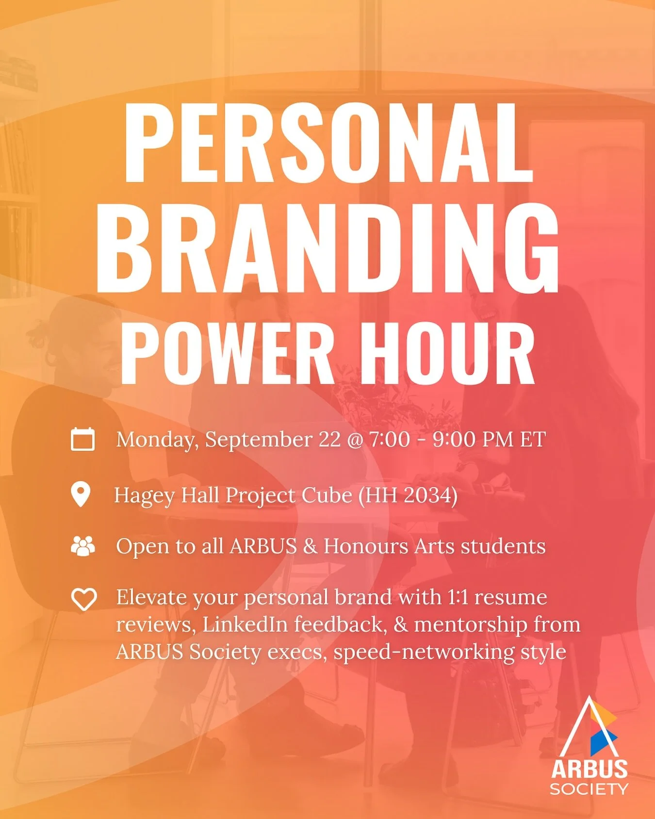 Need a co-op glow-up? π
β¨ Let us help you get that match with our Personal Branding Power Hour!
Pull up for 1:1 resume reviews, LinkedIn feedback, interview tips, and speed mentorship with ARBUS execs – the perfect way to sharpen your personal