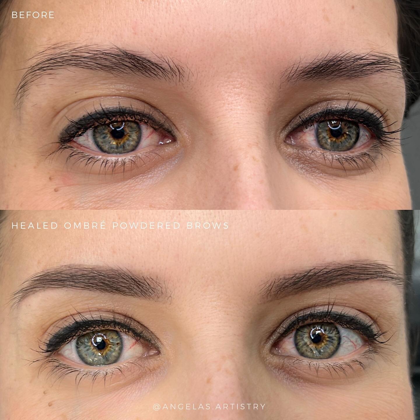 This is HEALED ombr&eacute; powdered brows just after 1 session. We enhanced her existing shape by defining and filling them in. Love how it lifted her brows, subtle changes can make a big difference. No one has to know your eyebrows are tattooed 😊
