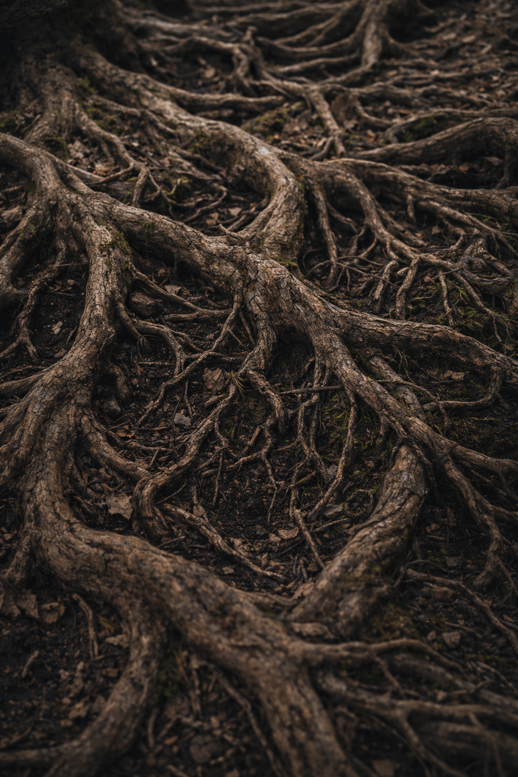 Intertwined tree roots symbolizing complex trauma, attachment wounds, and long-standing stress patterns.