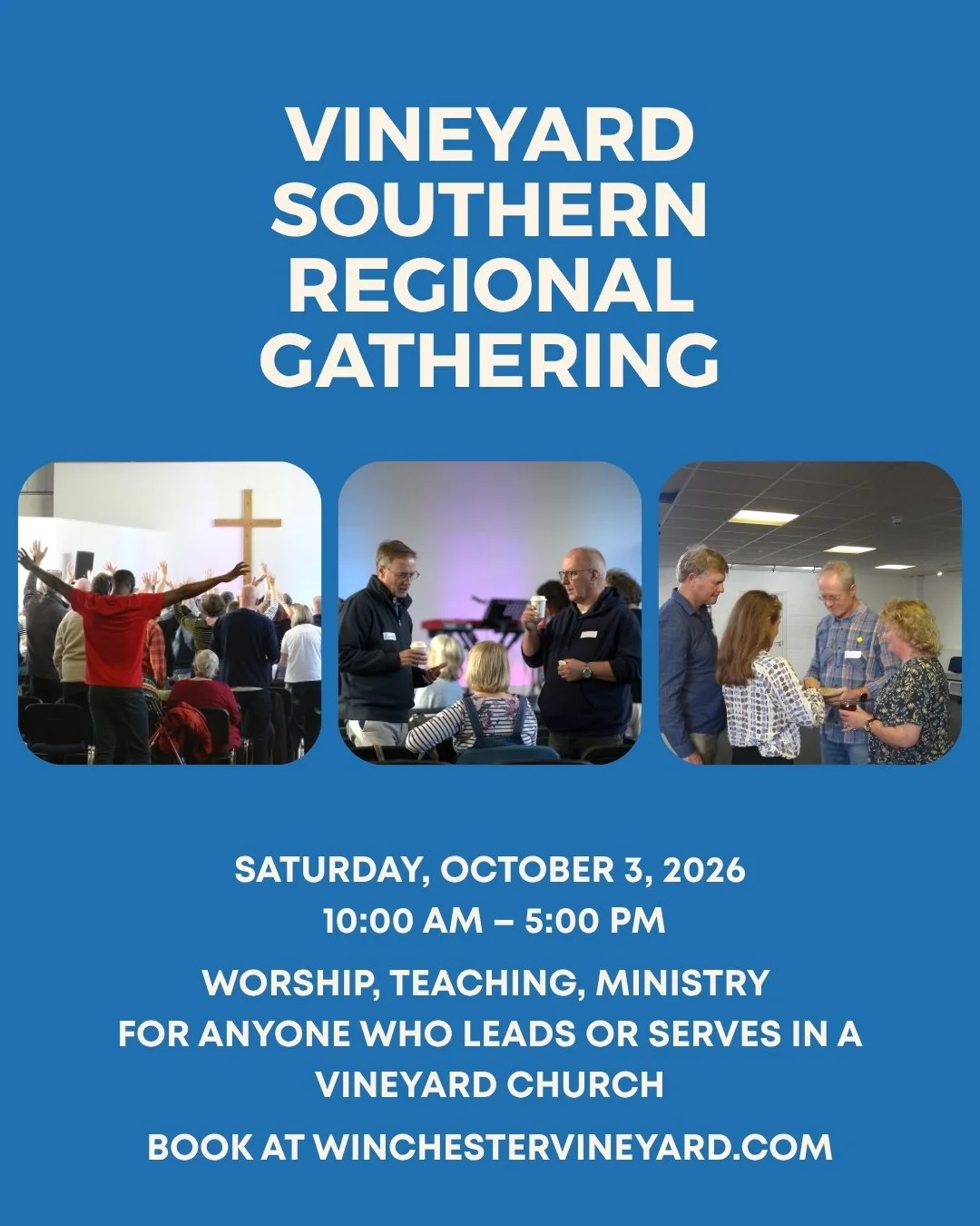 Do you lead or serve? This event is for you! 🫵

Join us at the Vineyard Regional Gathering! 

This event is for anyone who is part of a Vineyard community and involved in serving or leading to make church happen. Come and join with your wider Vineya