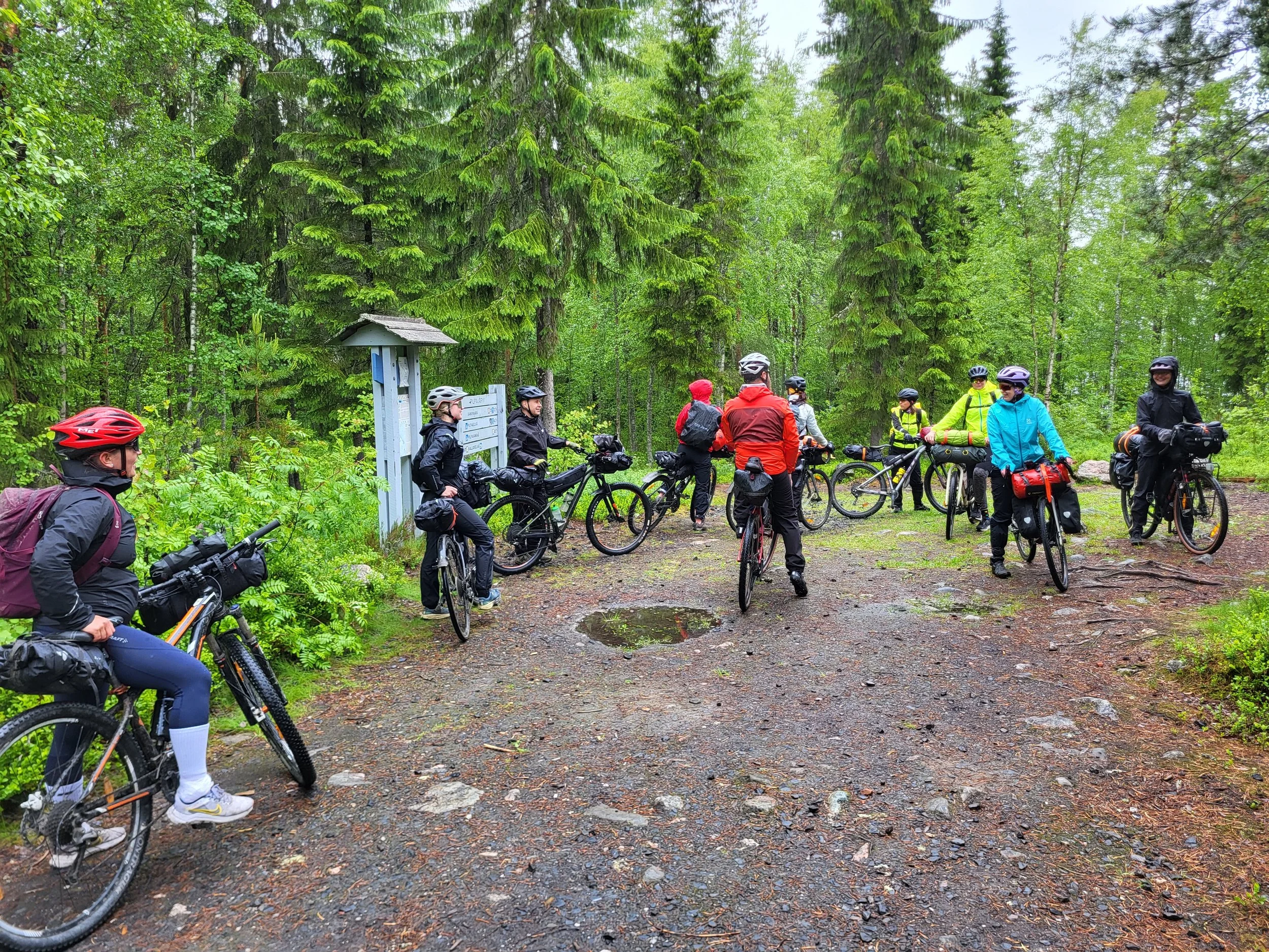 Ryhmä bikepacking-pyöräilijöitä tauolla metsäpolulla, pyörät ja retkivarusteet mukana luonnossa