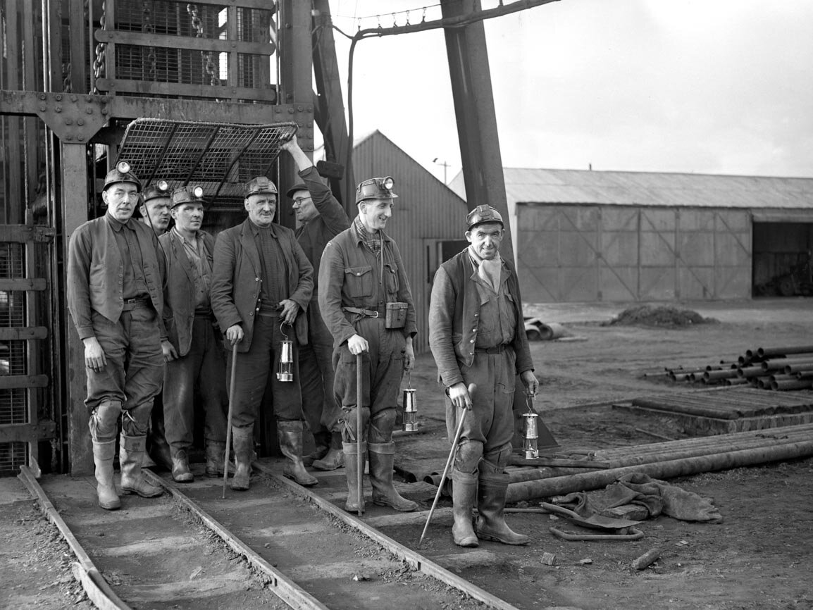 The miners of the Blackhill Colliery, just outside Berwick, emerge from the pit for the final time. After a hard fought campaign to save the mine, it closed on the 20th February 1959.
(20th February 1959) BRO-1944-1-2273-2