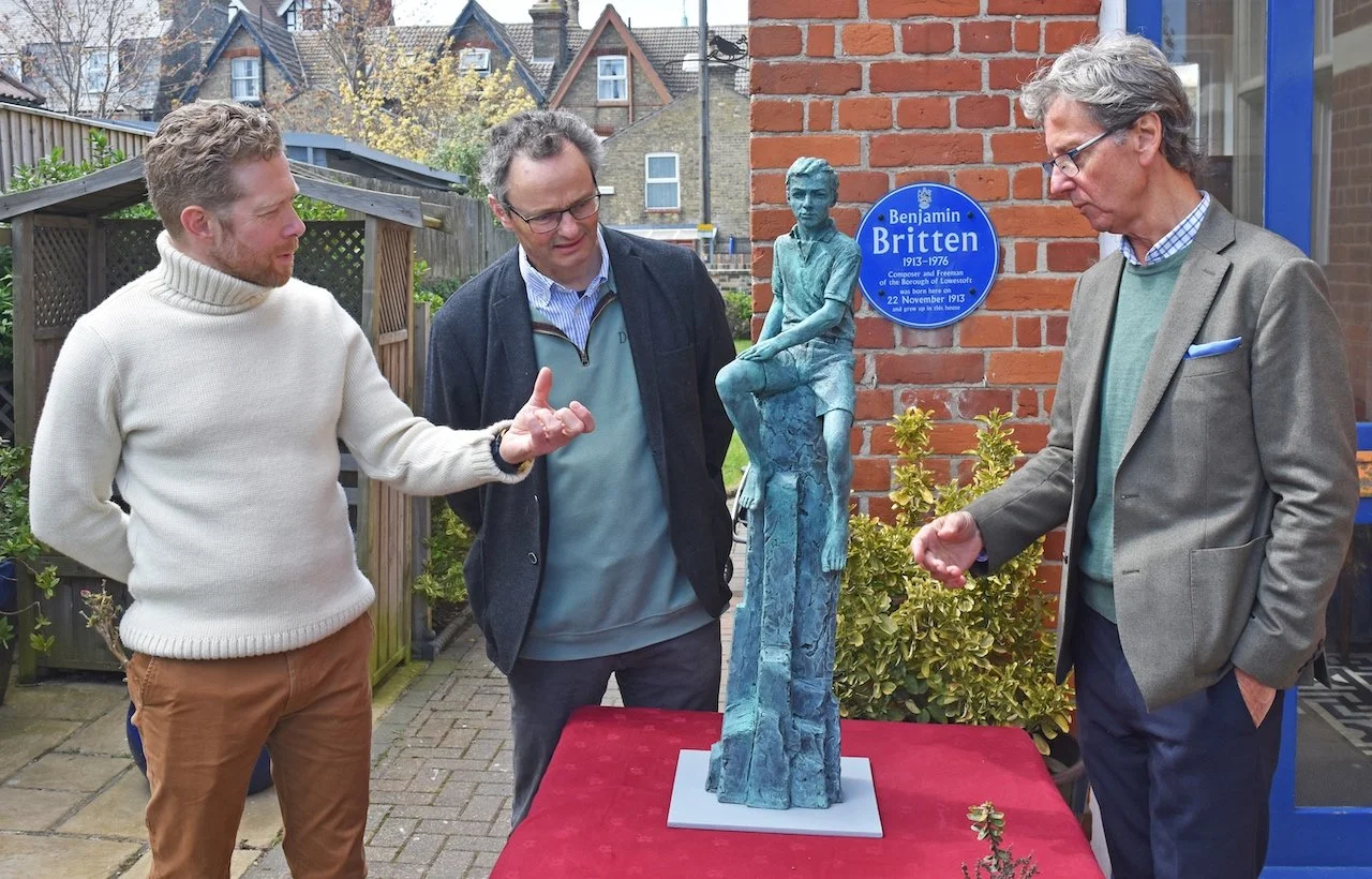 Zeb Soanes, Peter Aldous MP and Ian Rank-Broadley with the 36" maquette at Britten House, Lowestoft