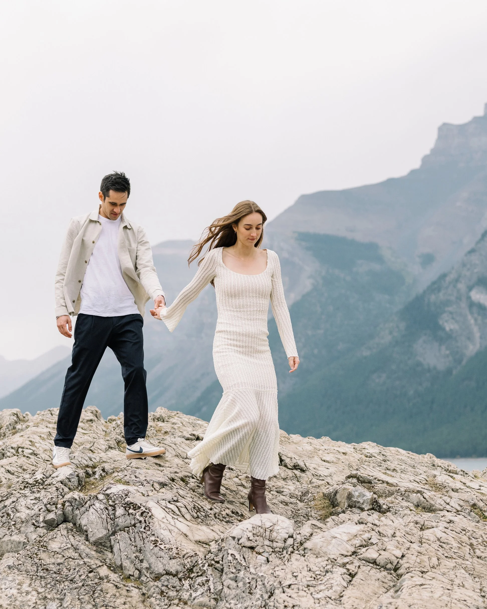 Fall engagement session at lake Minnewanka in Banff Nation park