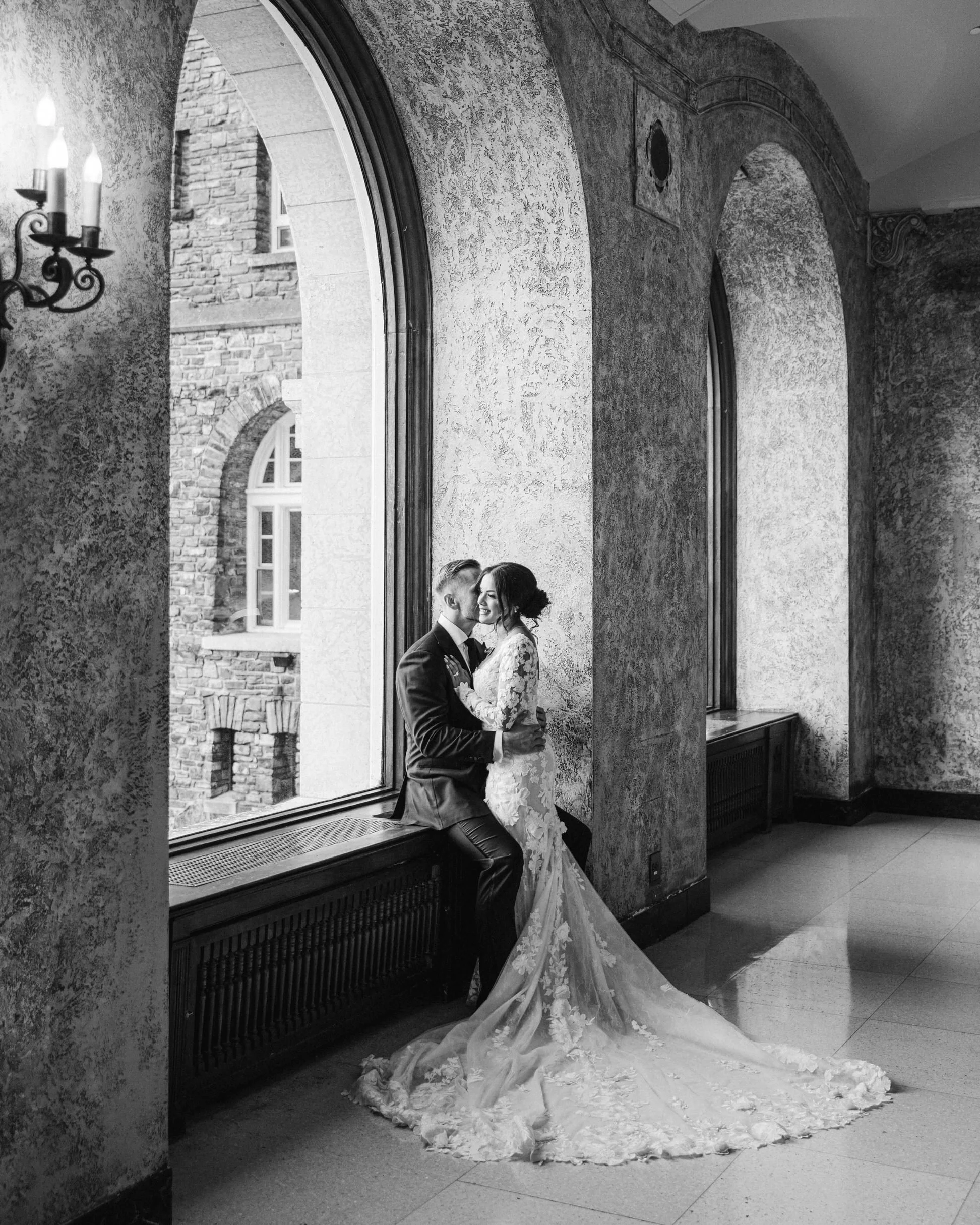 Inside wedding photos of the bride and groom at the Fairmont Banff Springs