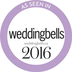 "As Seen In Weddingbells 2016" badge with weddingbells.ca URL in a purple circle.
