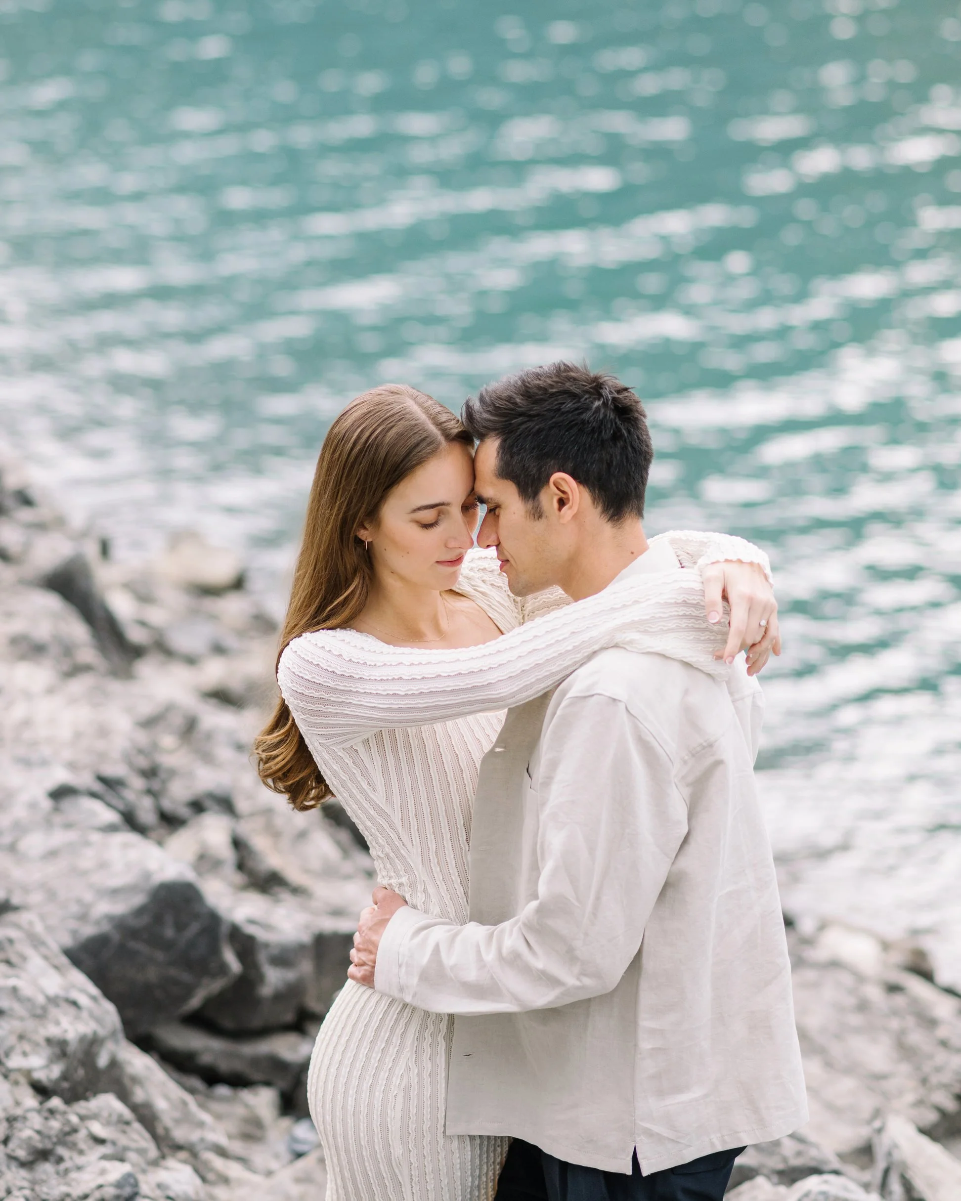 engagement session at lake Minnewanka in Banff Nation park