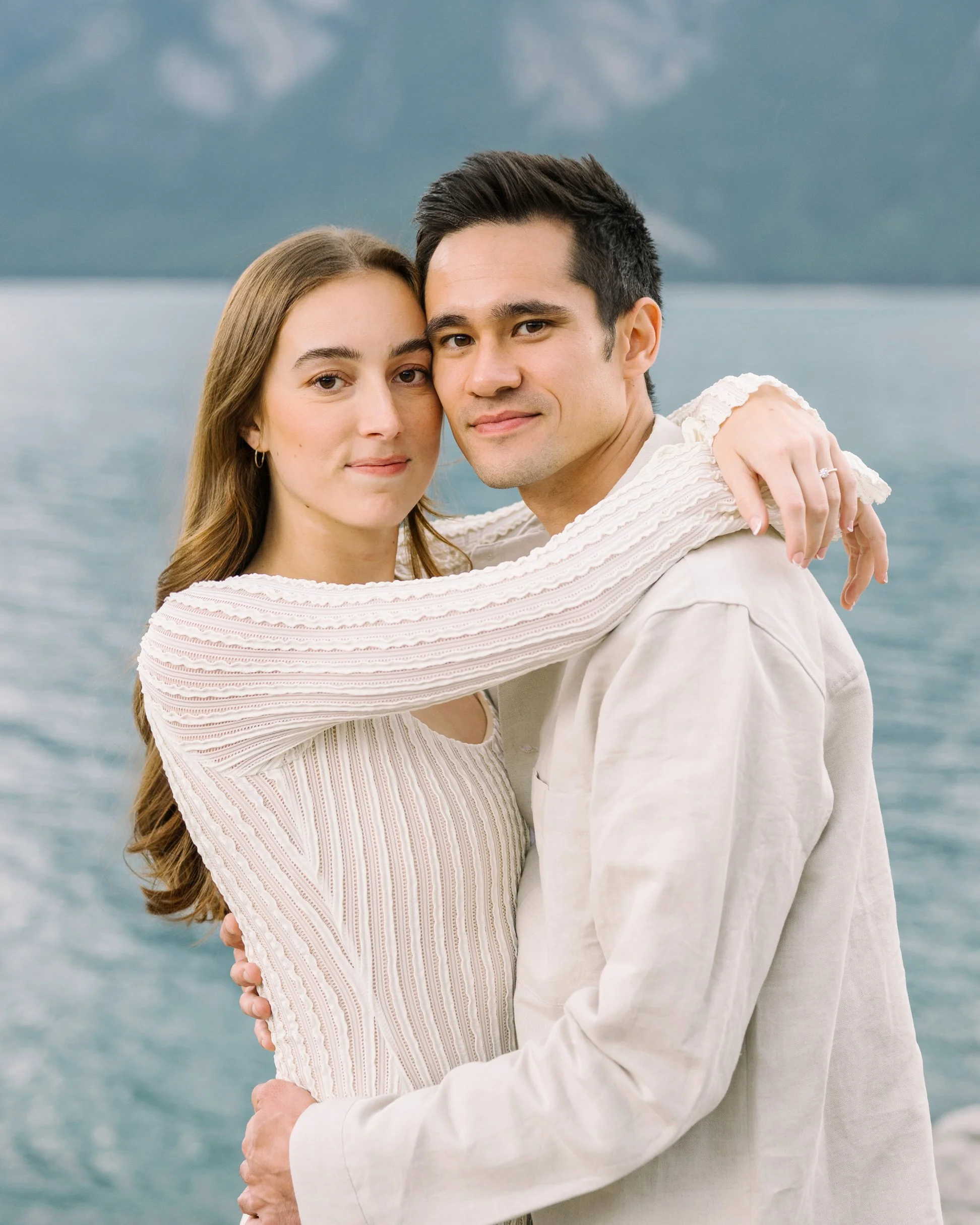 Fall engagement session at lake Minnewanka in Banff Nation park