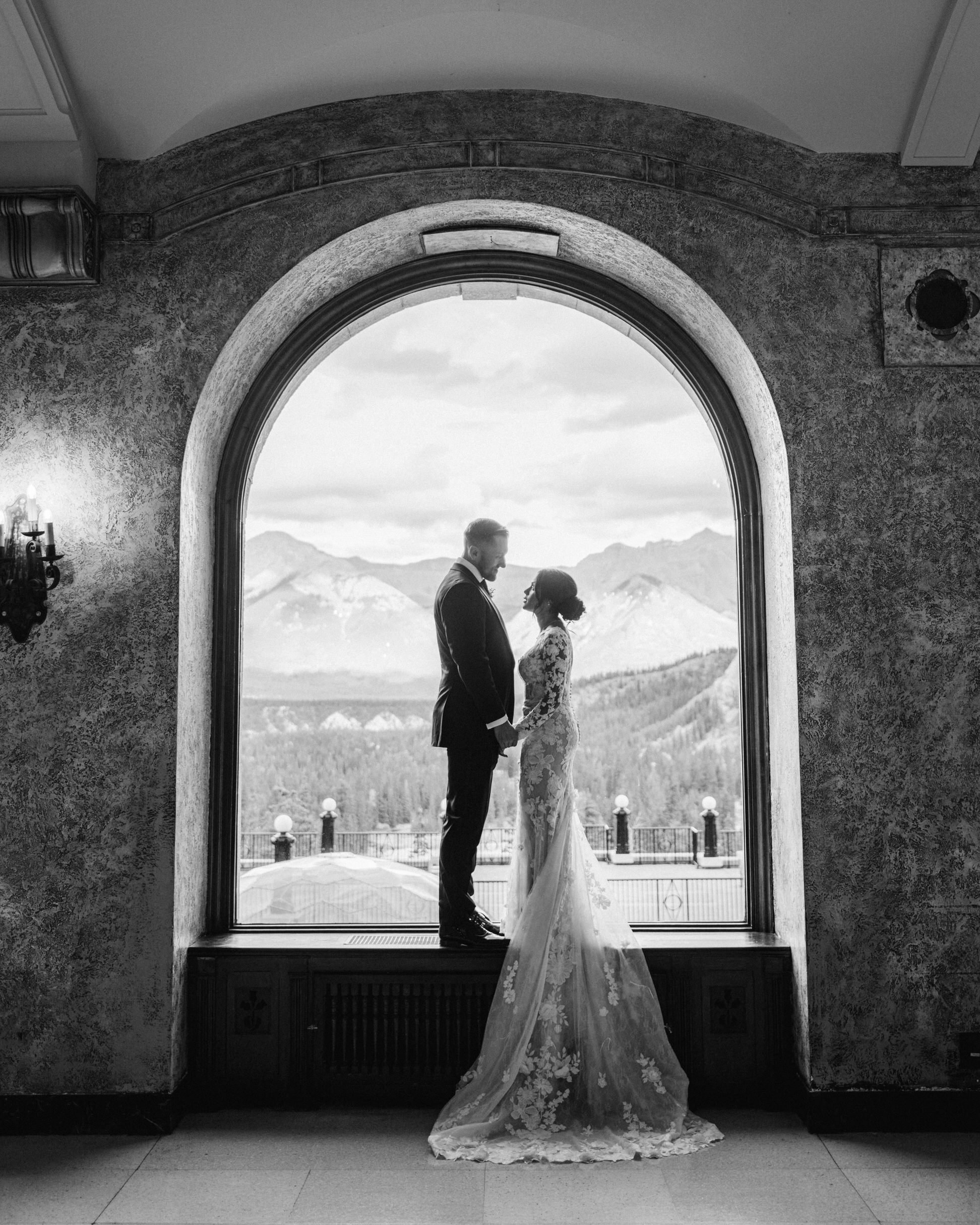 Inside wedding photos of the bride and groom at the Fairmont Banff Springs