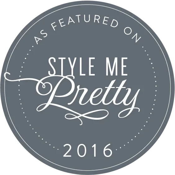 "As Featured on Style Me Pretty 2016" badge with elegant typography on a gray circular background.
