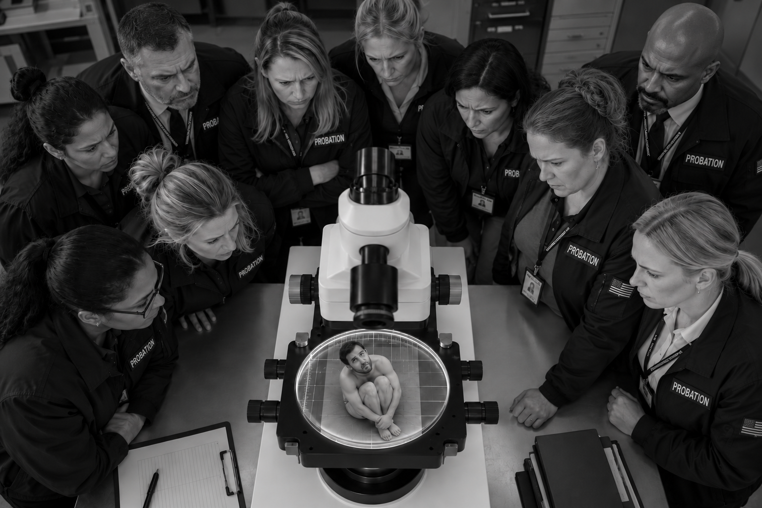 Probation Officers w man under microscope - Sean Parker pic.png