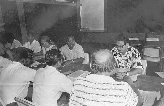 Status talks. Edward Pangelinan (right, with glasses), was Chairman of the Marianas Political Status Commission. Courtesy of UH Manoa - Hamilton Pacific TT Archives Photos