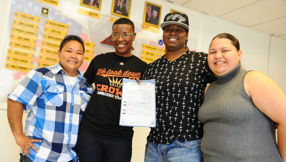  (From left to right) Loretta Pangelinan, Deasia Johnson, Nikki Dismuke, and Kathleen Aguero. Deasia Johnson and Nikki Dismuke were first in line to obtain a marriage license the week after Pangelinan and Aguero’s historic win for same sex marriage, 