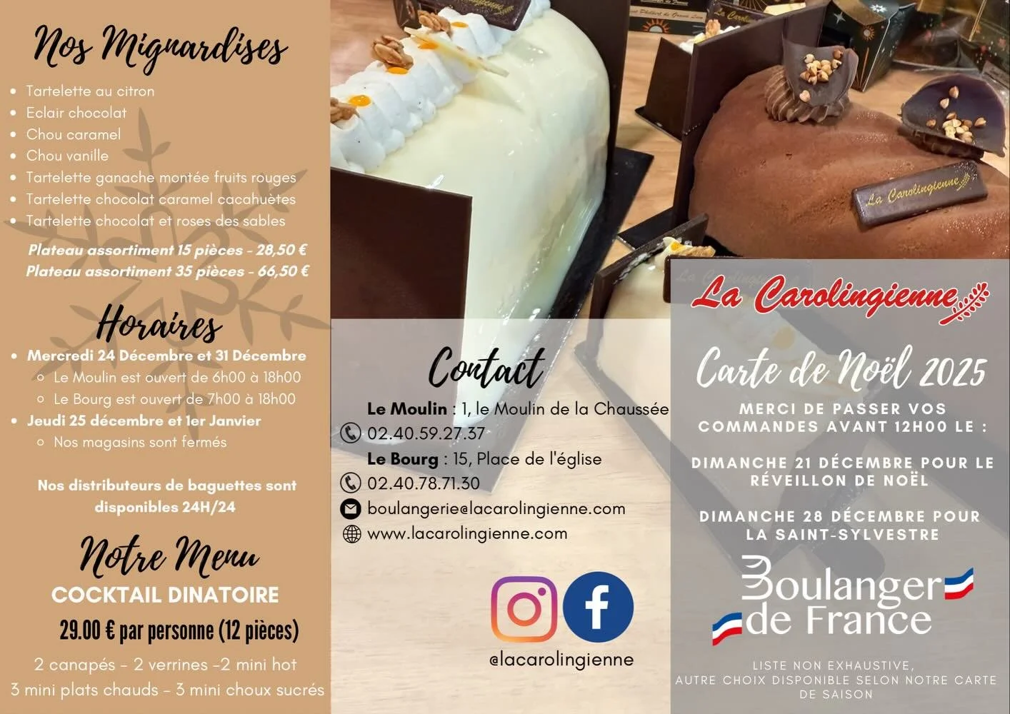 🎄 Notre Carte de No&euml;l 2025 est arriv&eacute;e ! ✨
B&ucirc;ches artisanales, mignardises, glace, canap&eacute;s, verrines&hellip; tout pour sublimer vos f&ecirc;tes ❤️

📅 Commandes avant 12h :
&bull; 21 d&eacute;cembre &mdash; R&eacute;veillon
